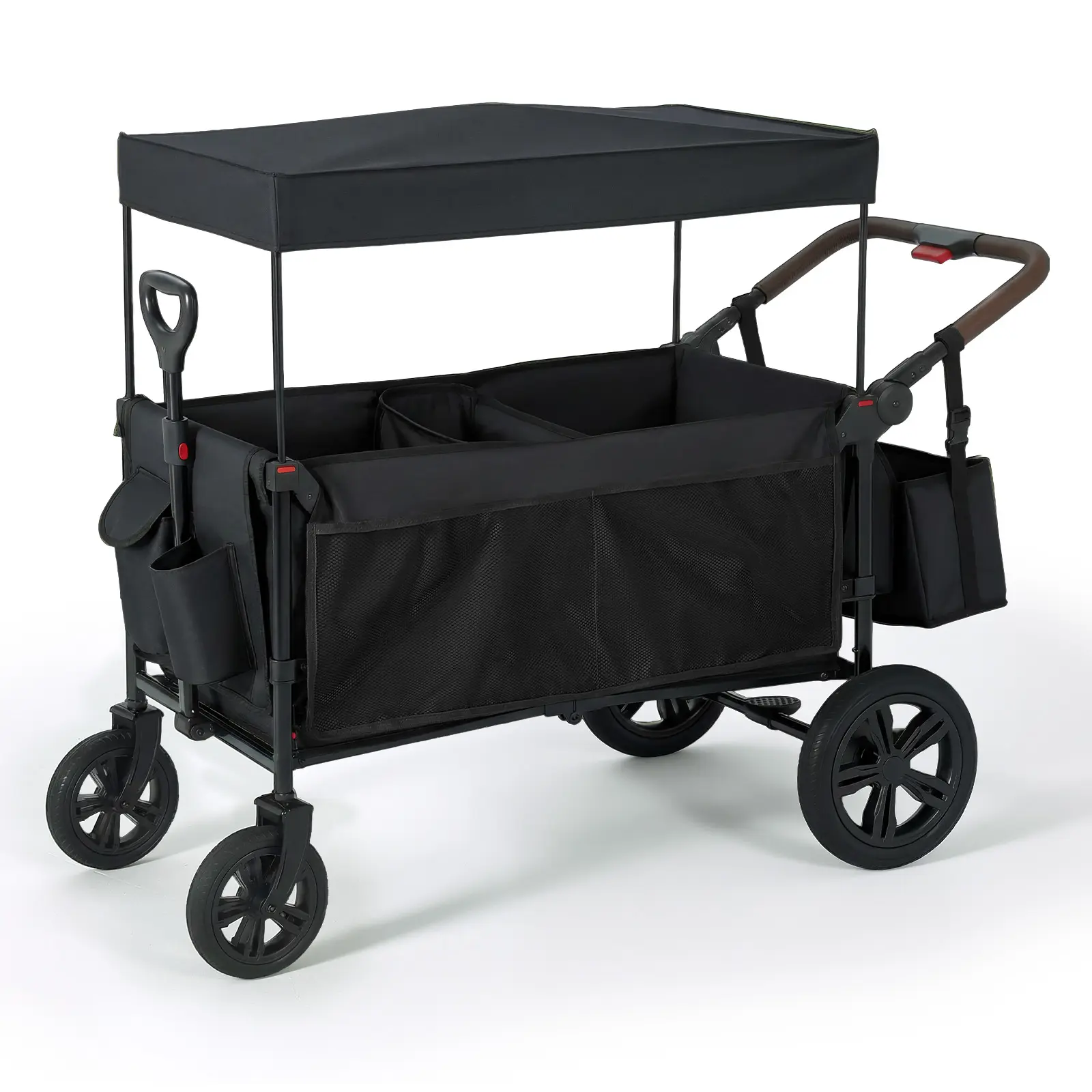 Garvee 2-Seat Collapsible All-Terrain Stroller Wagon - Push/Pull Outdoor Cart with One-Hand Adjustable Handle - Removable Canopy, 5-Point Harness, Large Storage Pocket - Black (Cationic Cloth)