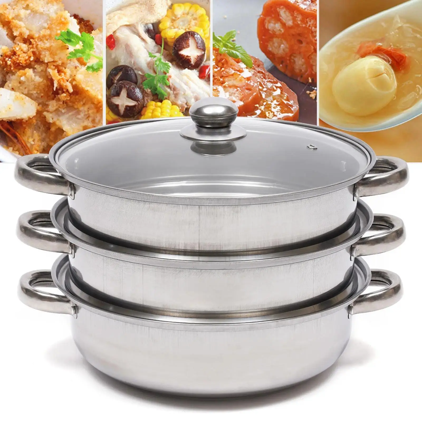 Triple stainless steel steamer, Home steamer, multifunctional, easy to clean, suitable for healthy cooking, outdoor camping, family 3 Tier Stainless Steel Steam Cooker Steamer