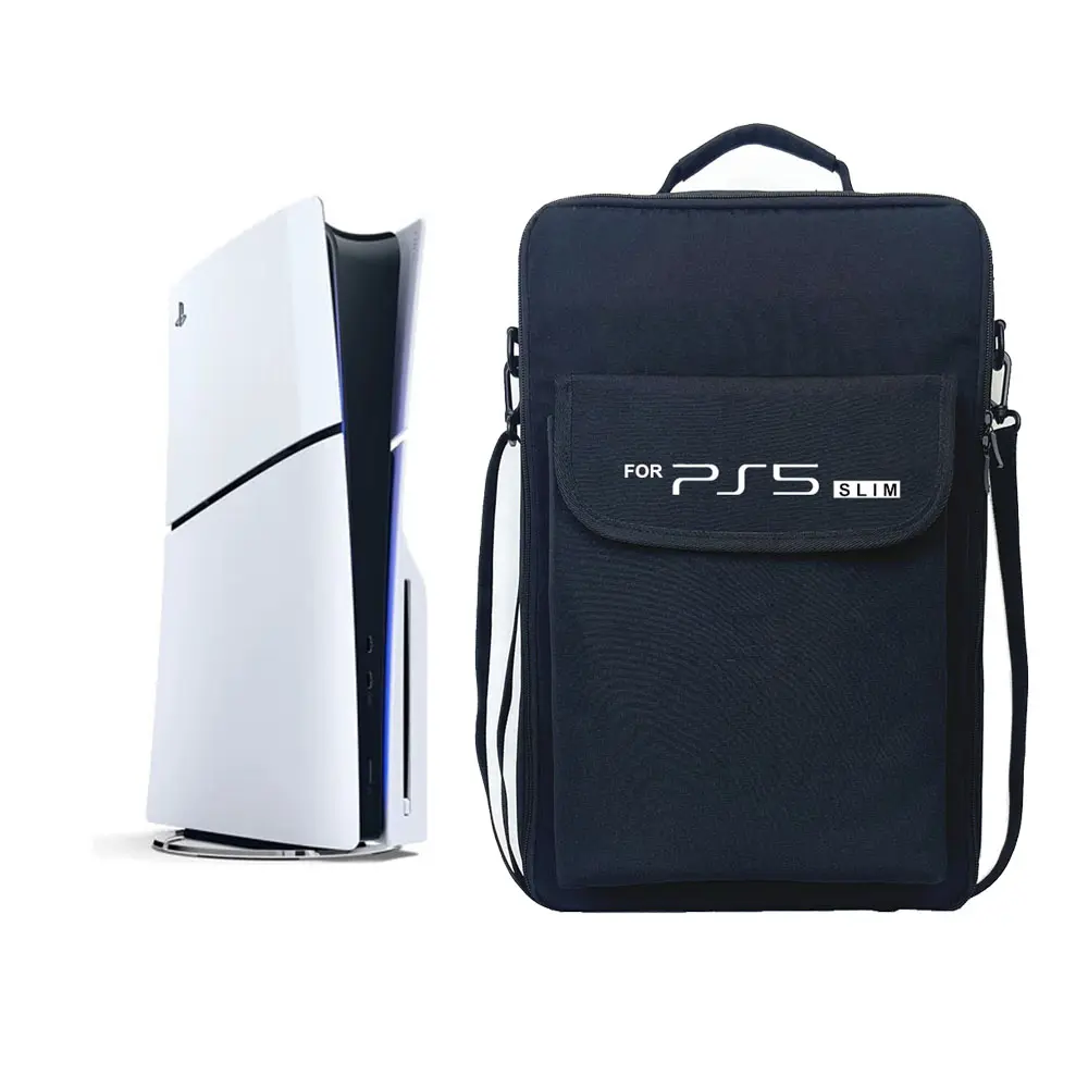 Portable PS5 Slim Travel Case - Lightweight Nylon Protective Cover with Shoulder Strap, Logo-Print Zip Design Storage Bag for PlayStation 5 Slim Console & Gaming Accessories