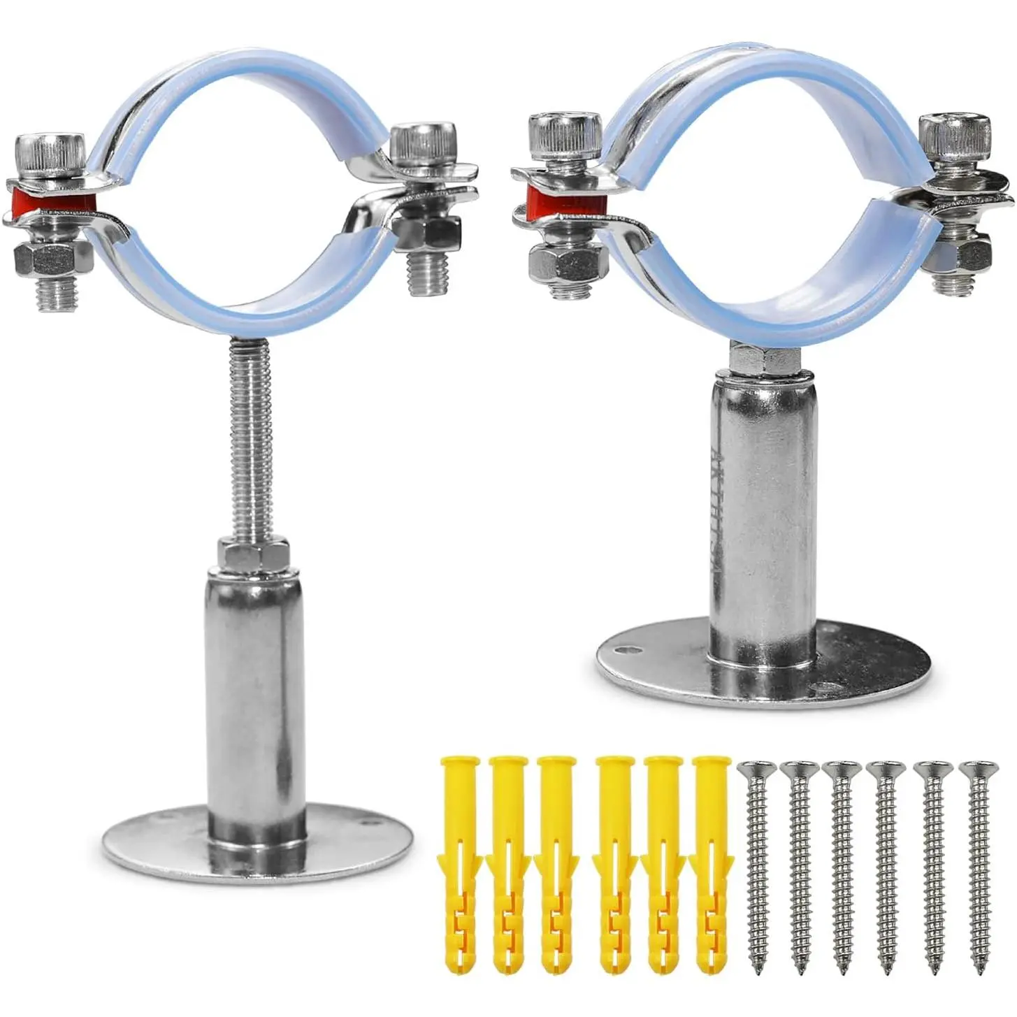 2 Pcs 304 Stainless Steel Adjustable Pipe Supports, Wall & Ceiling Mount Pipe Hanger Holder, Fits 45-48MM OD Pipes, Height Adjustable Range 50-100mm