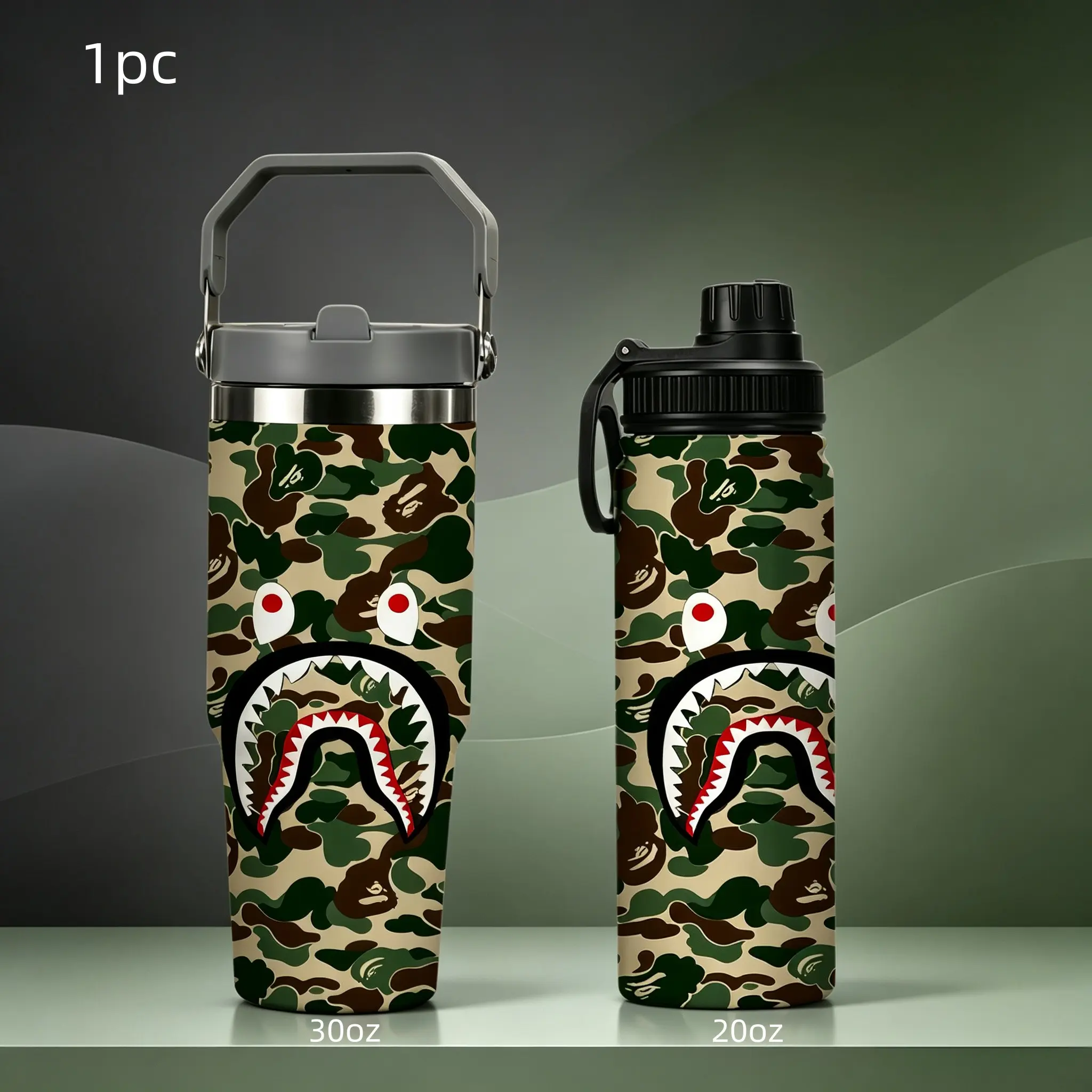 1pc Camo Shark Mouth Print Insulated Stainless Steel Water Bottle, Leak-Proof Sports, Reusable Travel Mug for Hiking Camping Office, Leakproof Traveler Tumbler