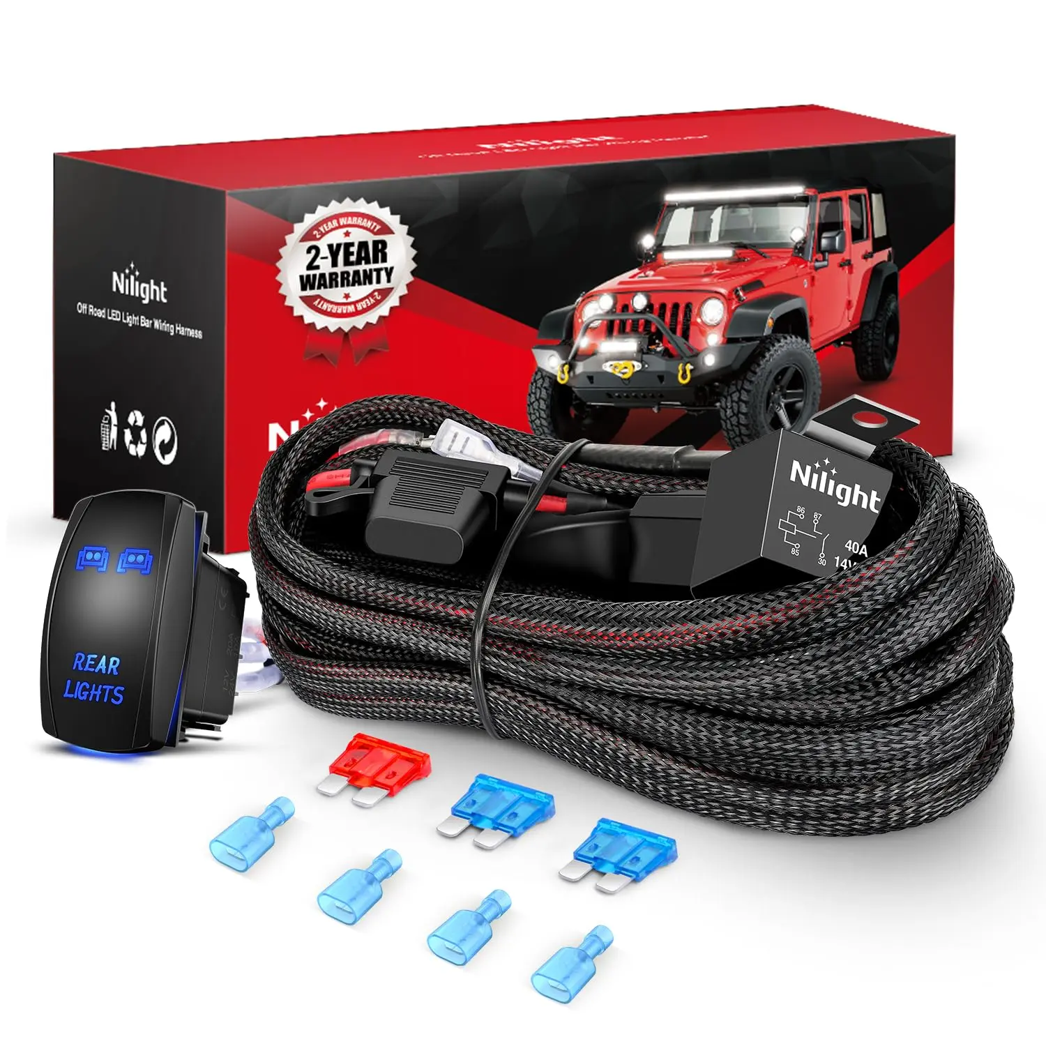 Nilight Heavy-Duty 16 AWG Durable Nylon Wiring Harness Kit - 2-Lead Rear Lights, 12V 5-Pin Power Rocker Switch, Laser On-Off Relay, Blade Fuse, Overload Safe, Easy Install for LED Off-Road Light Bars on Cars, Trailers, Motorcycles