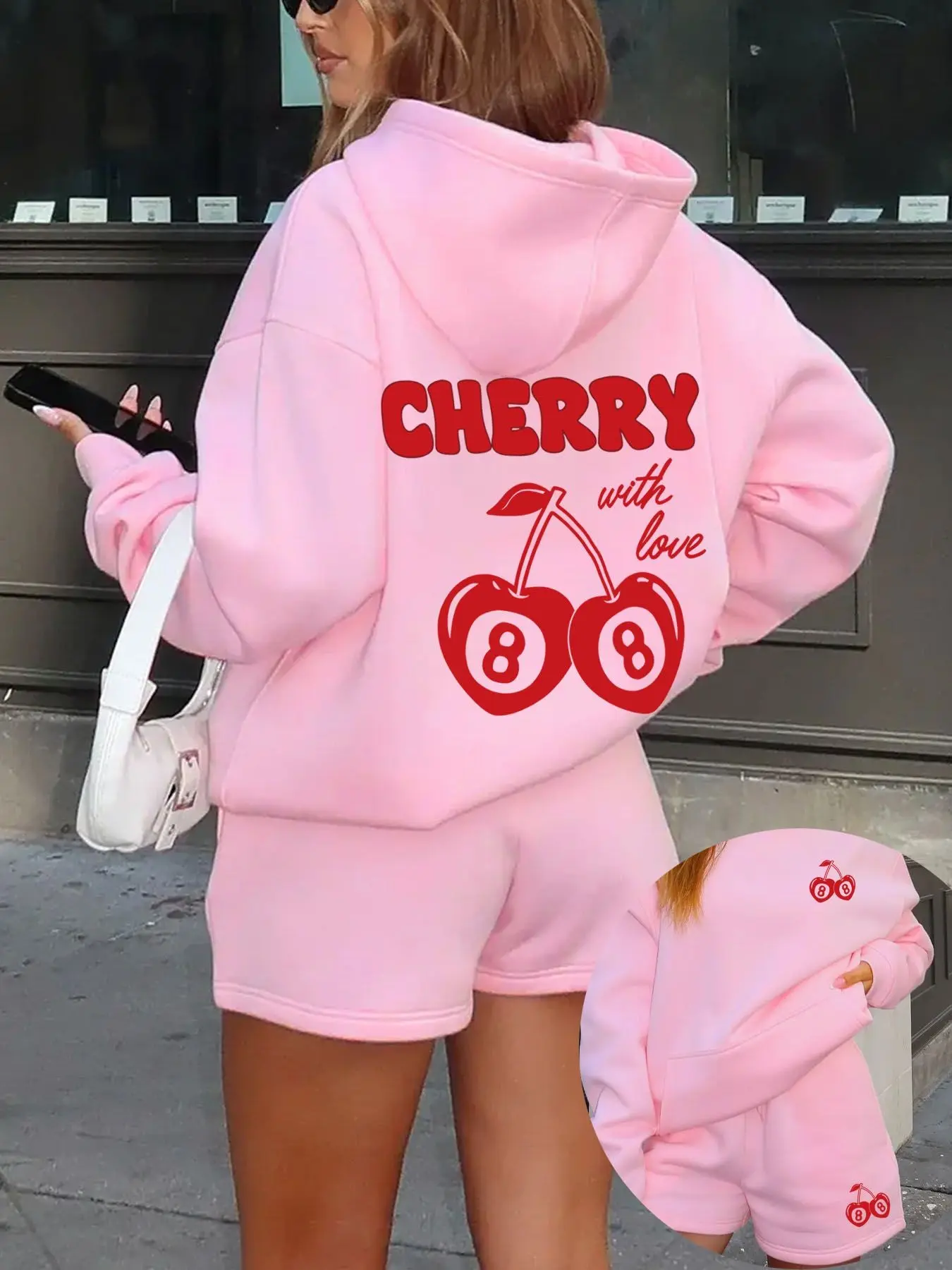 2PCS Matching Shorts Set Women Y2K Pink Cherry 8 Ball Printed Oversized Hoodie and Shorts for Women Streetwear Travel Casual