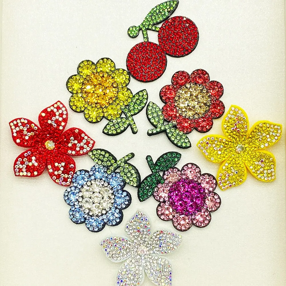 1 Bag 8pcs Sew-On Rhinestone Patches, Colorful Crystal Flower Cherry Appliques, Bling Diamond Embroidery Patch for Clothing, Jeans DIY Decorations