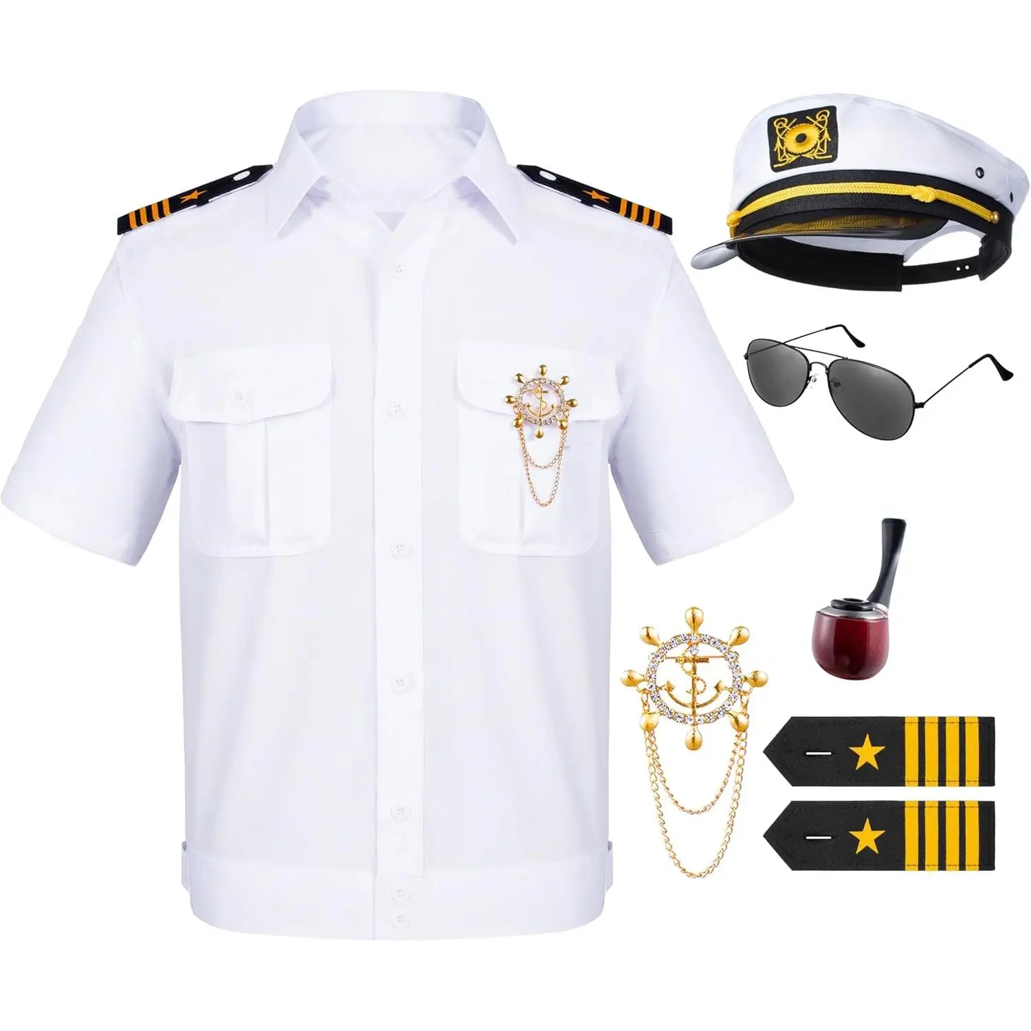 Men's 6-Piece Yacht Captain Sailor Costume Set with Shirt, Hat & Accessories for Adult Party CosplayGift