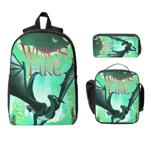 3 Piece High Capacity Bookbag Fire Dragon Wings Backpack Set Travel Knapsack with Lunch Box Pencil Case