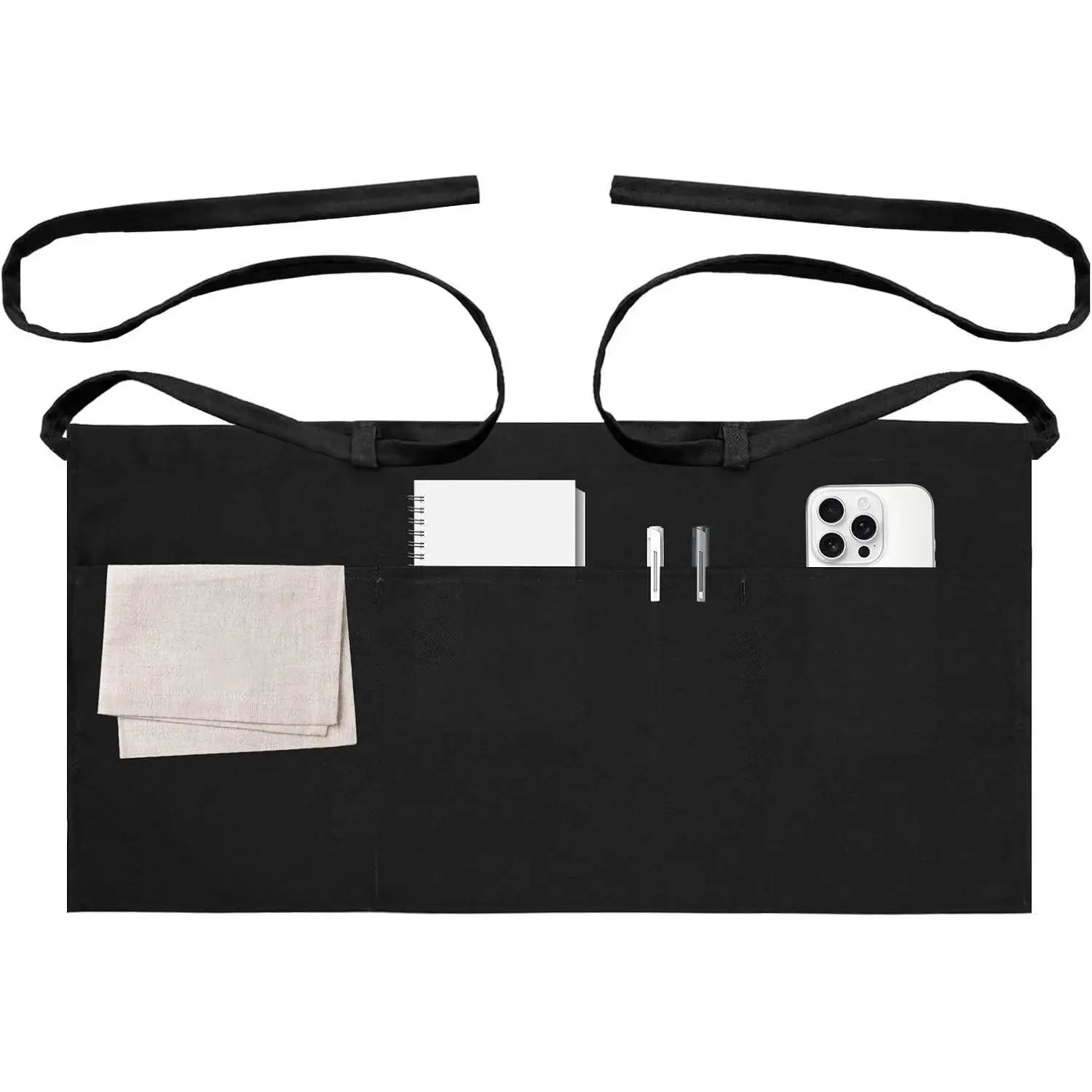 Server Apron with 3 Pockets, Half Waist Short Serving Apron for Waitress, Waiter, Women & Men, Black, 1 Pack, 12 Inch(Gift)