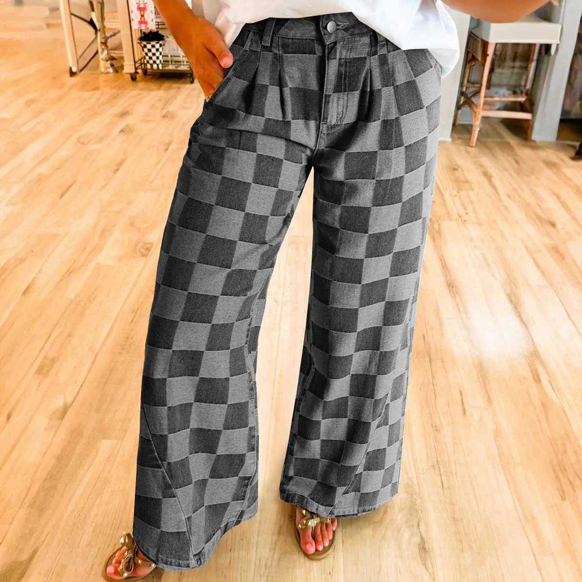 Women's Plaid Cotton Comfy Wide-Leg Dark Grey Denim Bottoms, Casual Jeans