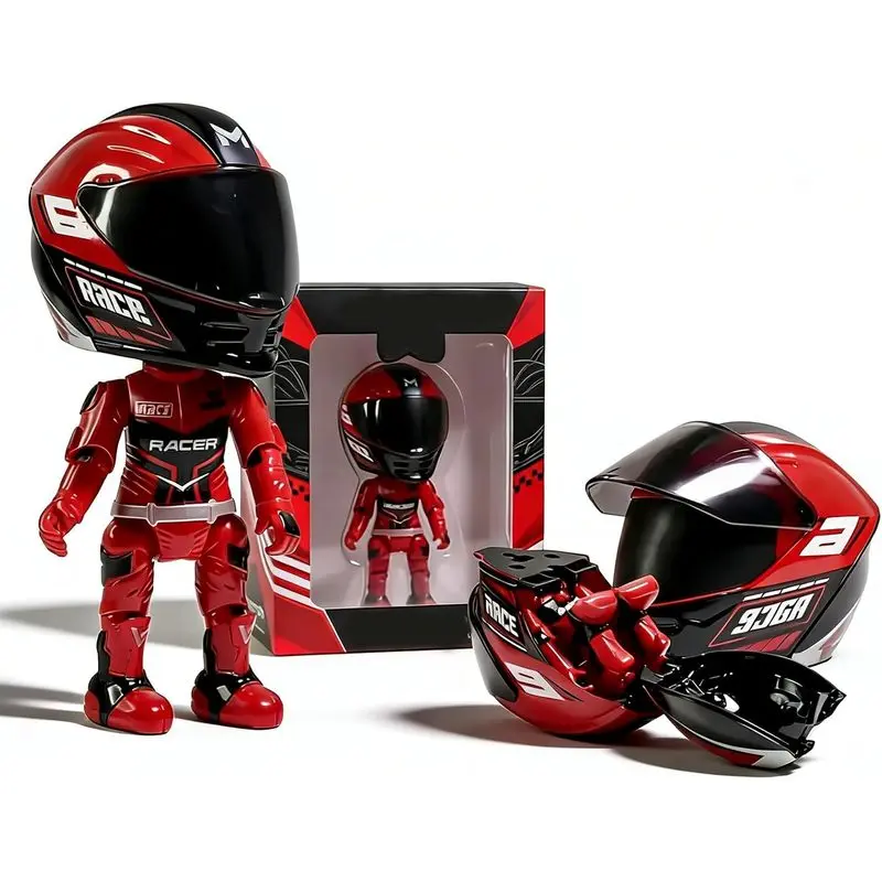 Mini Moto Helmet Heroes Transforming Ornaments with Hidden Racers Inside - Fold Buddy Motorcycle Action Figure with Movable Joints, Articulating Figures, Helmet Metal Mini Figurines for Dashboard & Bike (Red)