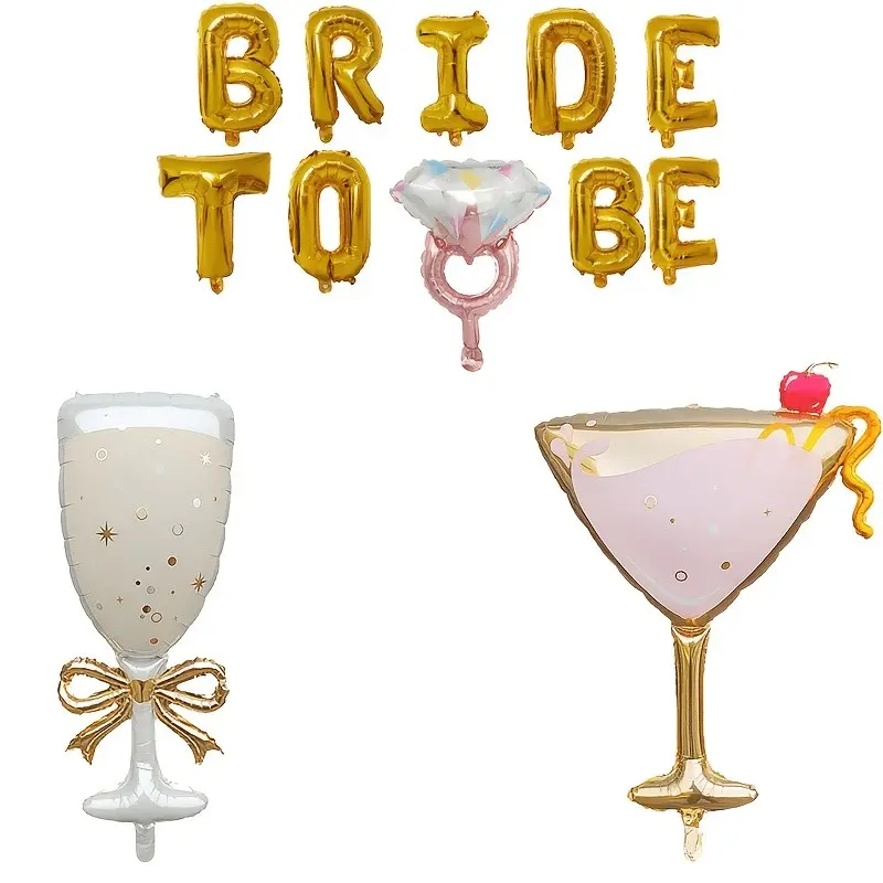 12-Piece Bridal Theme Foil Balloon Set, Bride to Be Letter Balloons, Rose Gold Ring Balloons, Martini & Champagne Balloons
