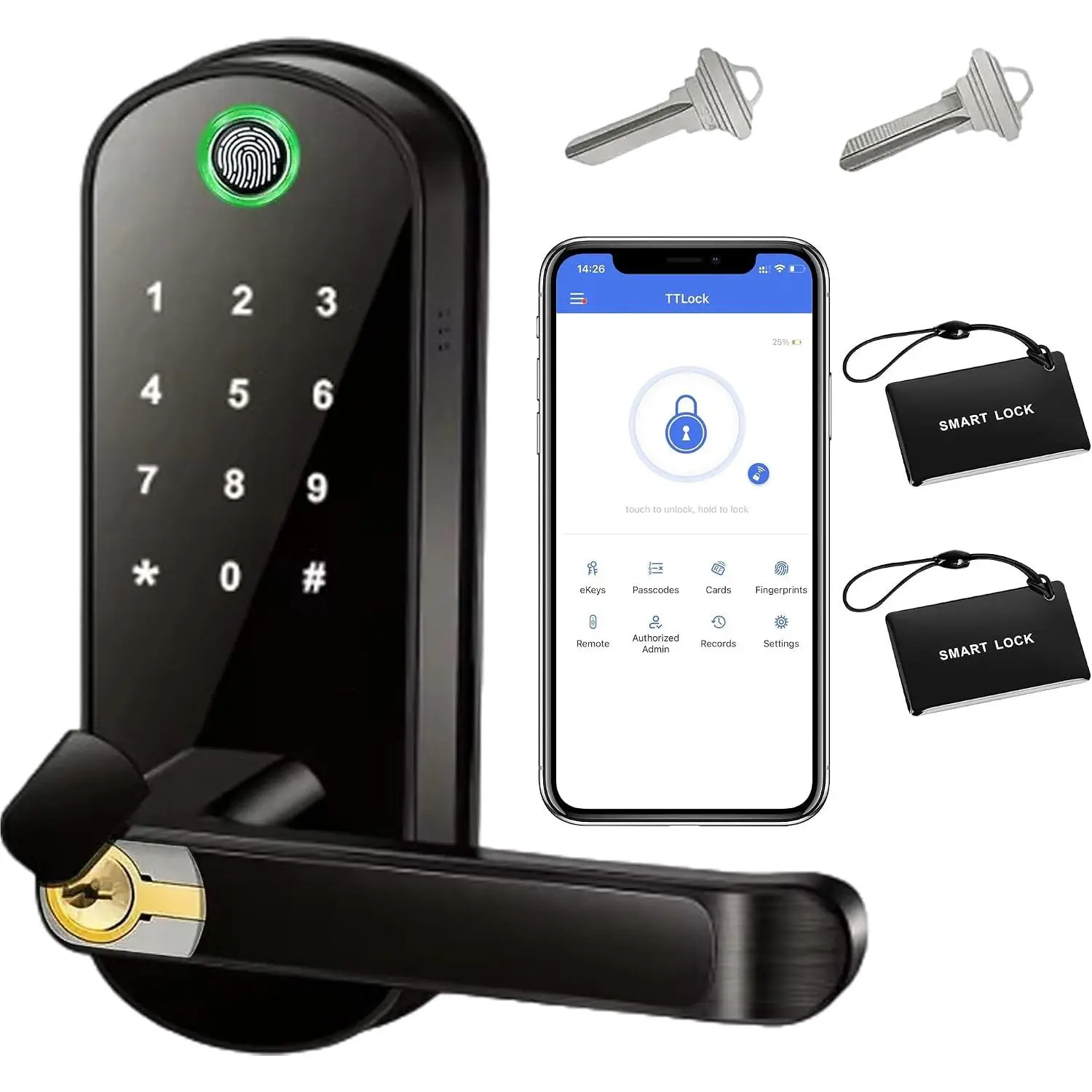 Keyless-Entry Fingerprint  Door Lock:  Digital  Lock with Code Passcode, Electric Door Knob, Biometric Door Handle,  for Exterior/Interior/Entry/Bedroom Doors (Black)