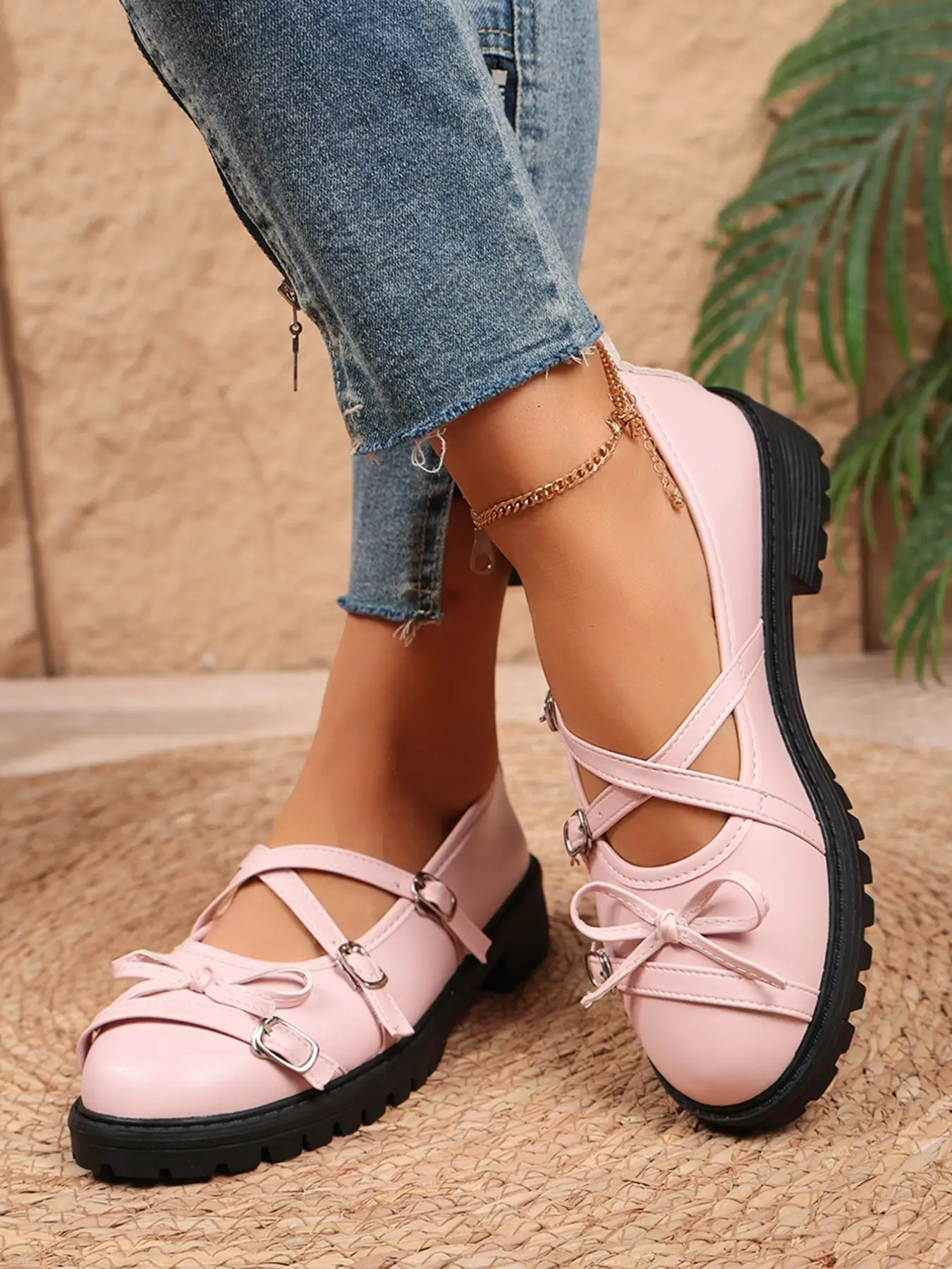 New Japanese Retro Classic College Style Cross Buckle Butterfly Knot Thick Sole Women's Mary Jane Shoes, Artificial PU Round Toe Chunky Heel Casual Office Walking Shoes