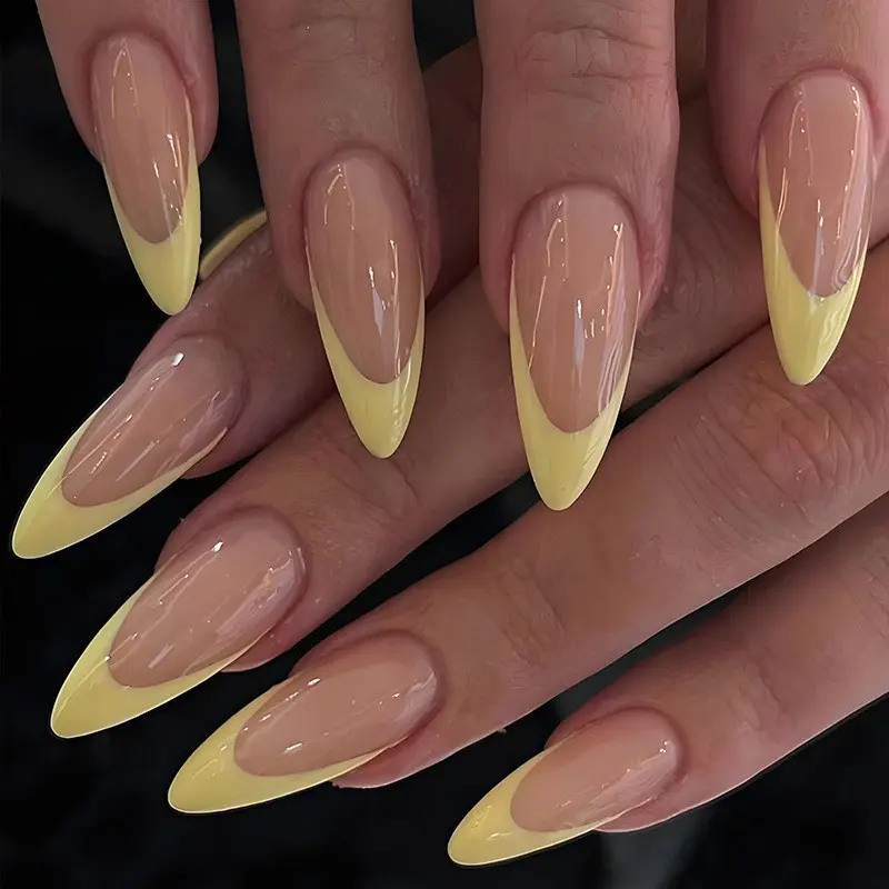 ✨ Salon Nails in 3 Minutes! Butter Yellow French Tip Press On Nails | Long Almond Nude Glossy Reusable Fake Nails