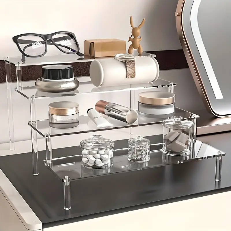 Multi-layer transparent acrylic display stand heightened shelf, desktop storage and finishing rack, suitable for perfume, figure model, paper cup dessert, shop display