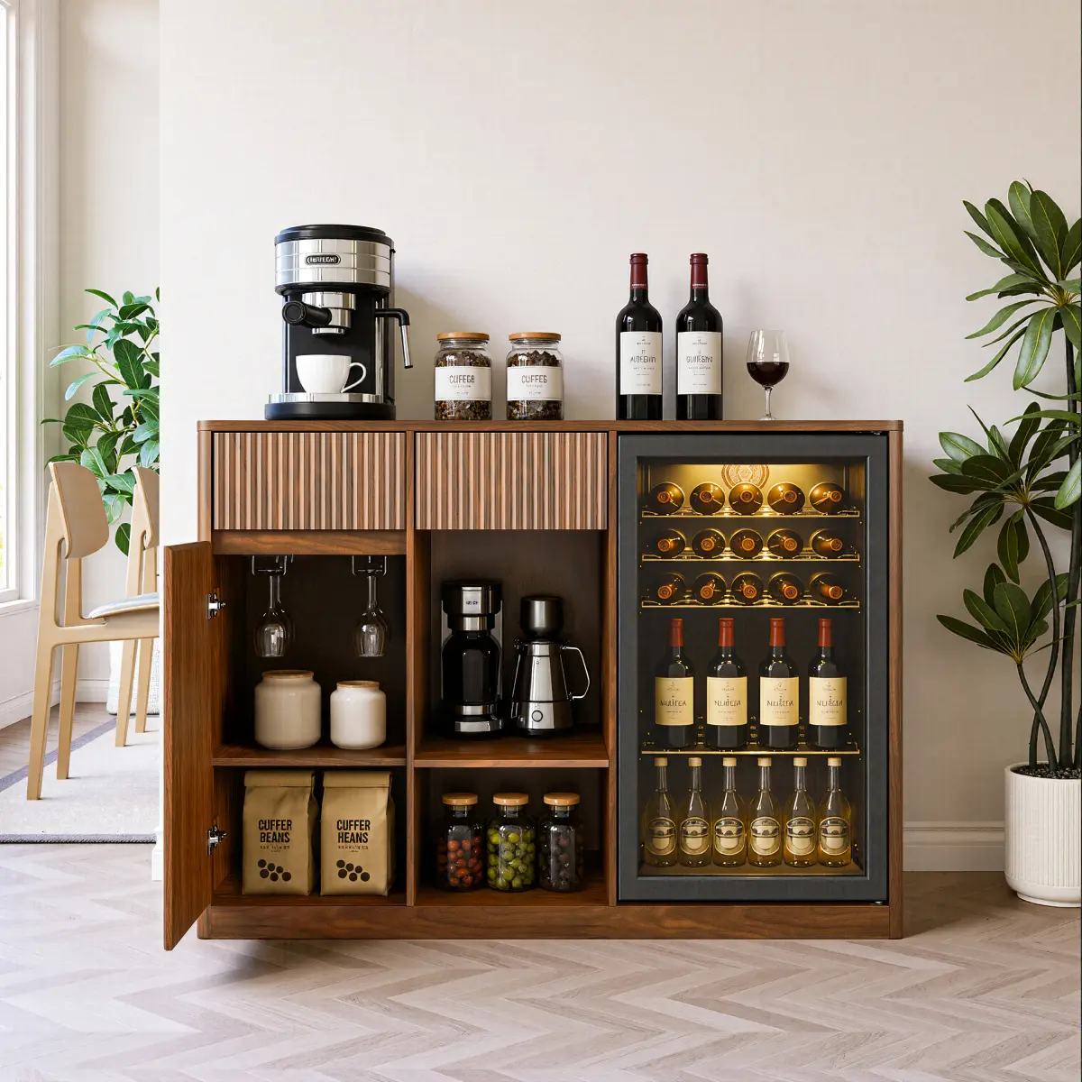 Walnut Fluted Mini Fridge Storage Cabinet (51.2x20.9x37 in) - Indoor Cupboard with Built-In 3-in-1 Charging Hub, 1 Type-C Port, Wall Mount, Installation Kit, Ventilation Slats, Anti-Tip Kit, Large Load Sideboard for Kitchen, Living Room, Space Saving Furn