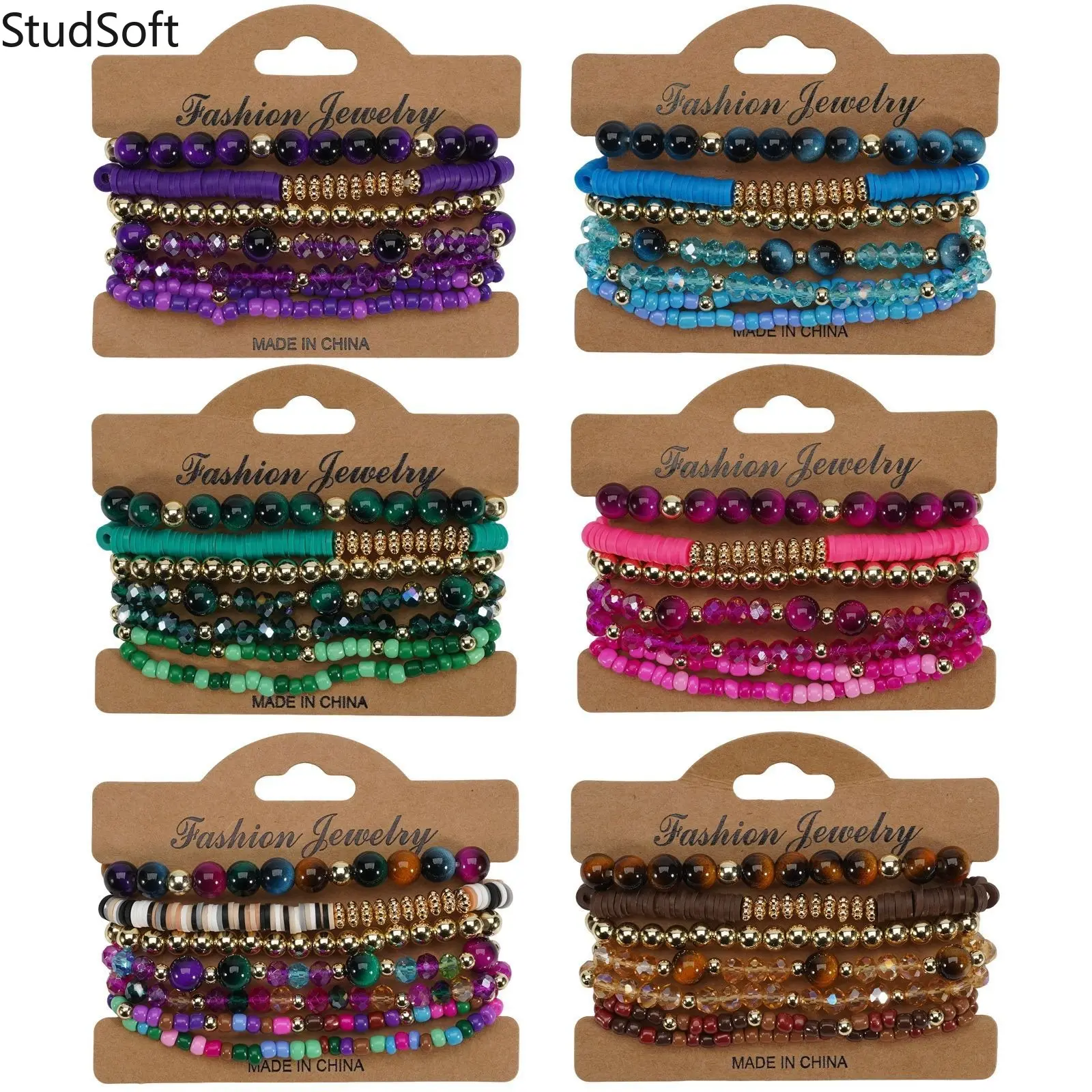Women's Boho Stackable Bracelets, Elastic Layering Multilayer Heishi Clay Bead Bracelet with Crystal Stone, Tiger Eye for Flexible Wear, Multicolor Mix Aesthetic Sports & Outdoor Jewelry Gift