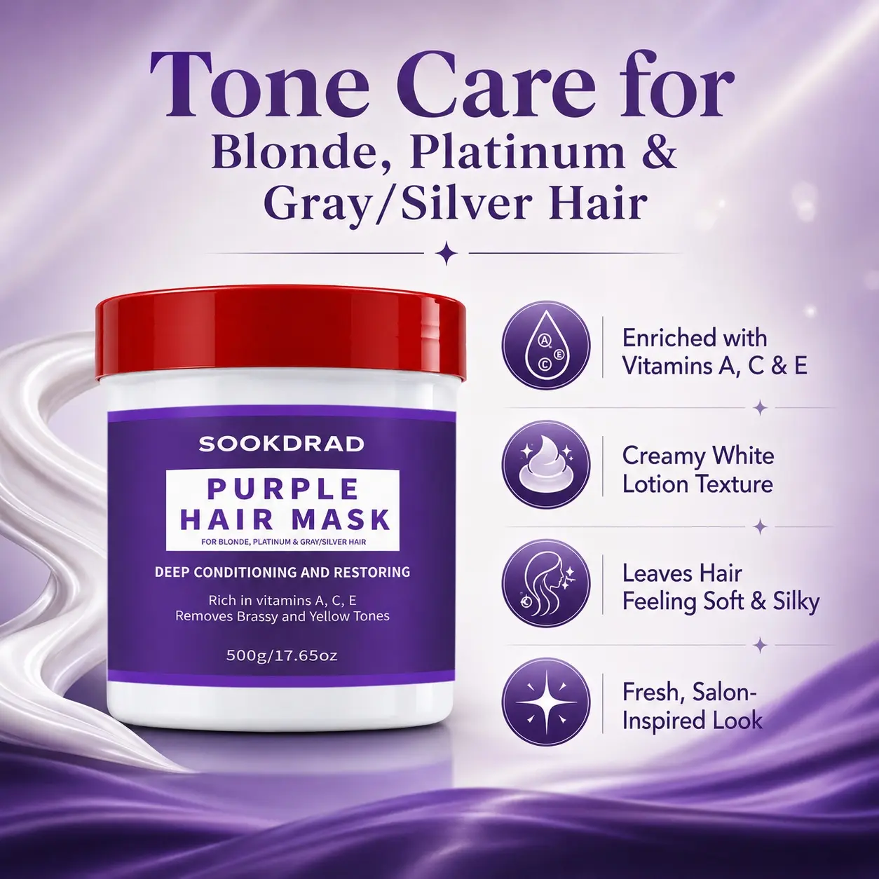 Purple Hair Mask, Haircare Masque, Removes Brassy and Yellow Tones, Deep Conditioning, Vitamin A C E Enriched, For Blonde Platinum Gray Silver Hair, 500g/17.65oz