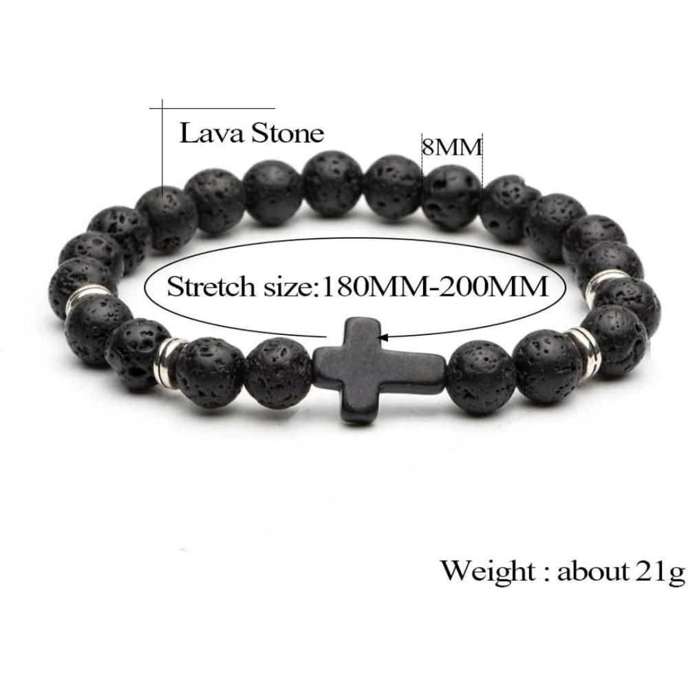 Elegant Cross Beads Bracelet Set 4/6/9 pcs for Men Women Adjustable 8mm Natural Lava Stone Beads Anti-Allergy Stainless Steel Cross Cuff Charm Bracelets Unisex Beauty & Personal Care All Skin Types