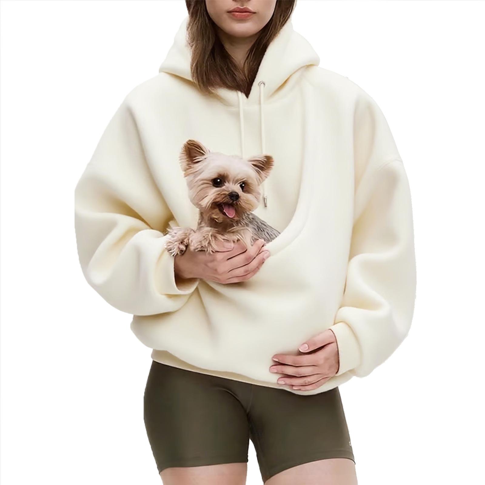 Autumn and Winter Solid Color Hooded Plush Pet Pocket Loose Pullover Sweatshirt for Women Fashionable Warm Cold Resistant Polyester,Gift