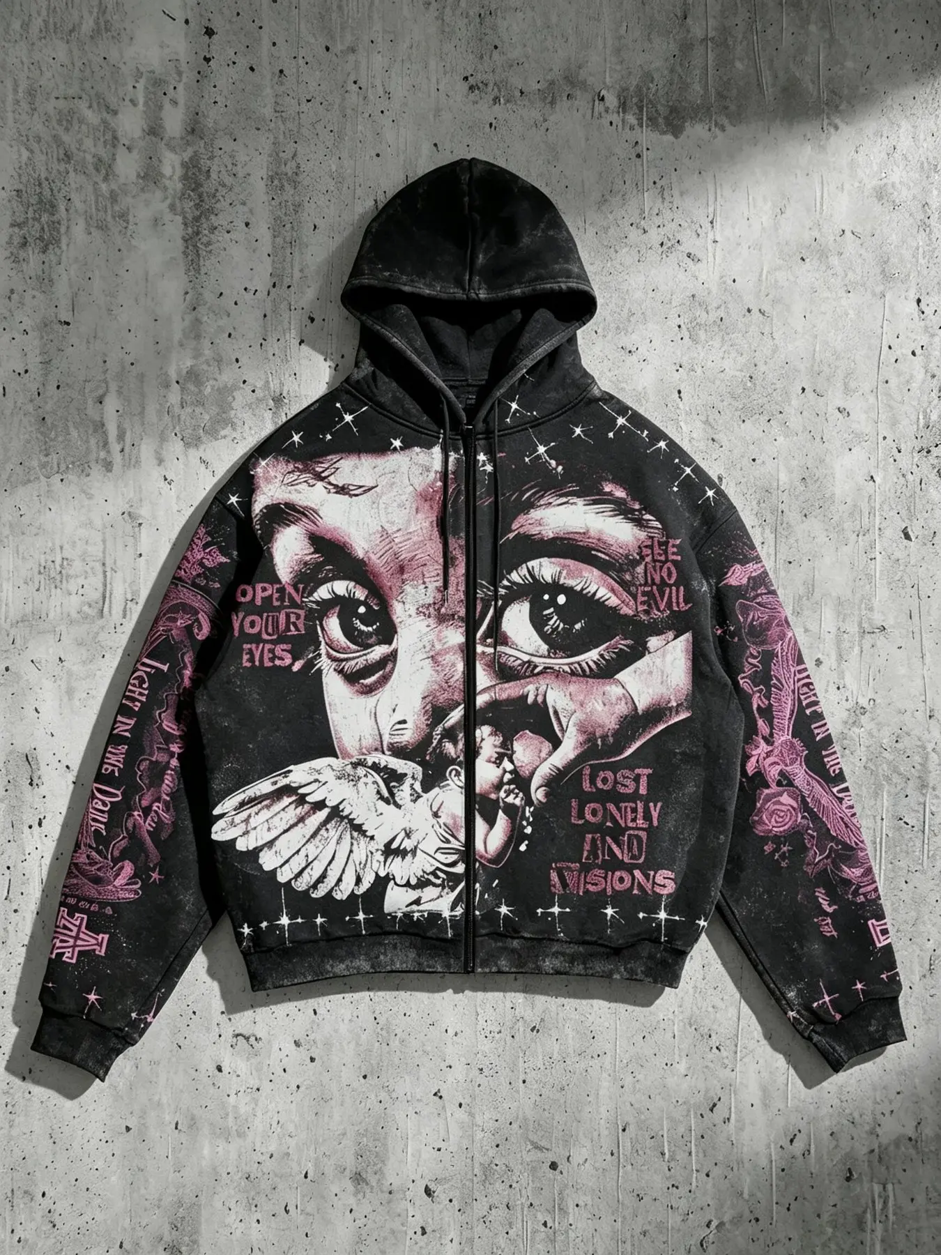 Men Zip Up Hooded Jacket, Angel Eyes Cherub Full Print Graphic Zip Hoodie, Vintage Washed Gothic Chicano Streetwear Coat, men clothing, menswear clothing, accessories for men, ropa caballero hombre, Daily Casual Street Fashion Outfits, Long Sleeve