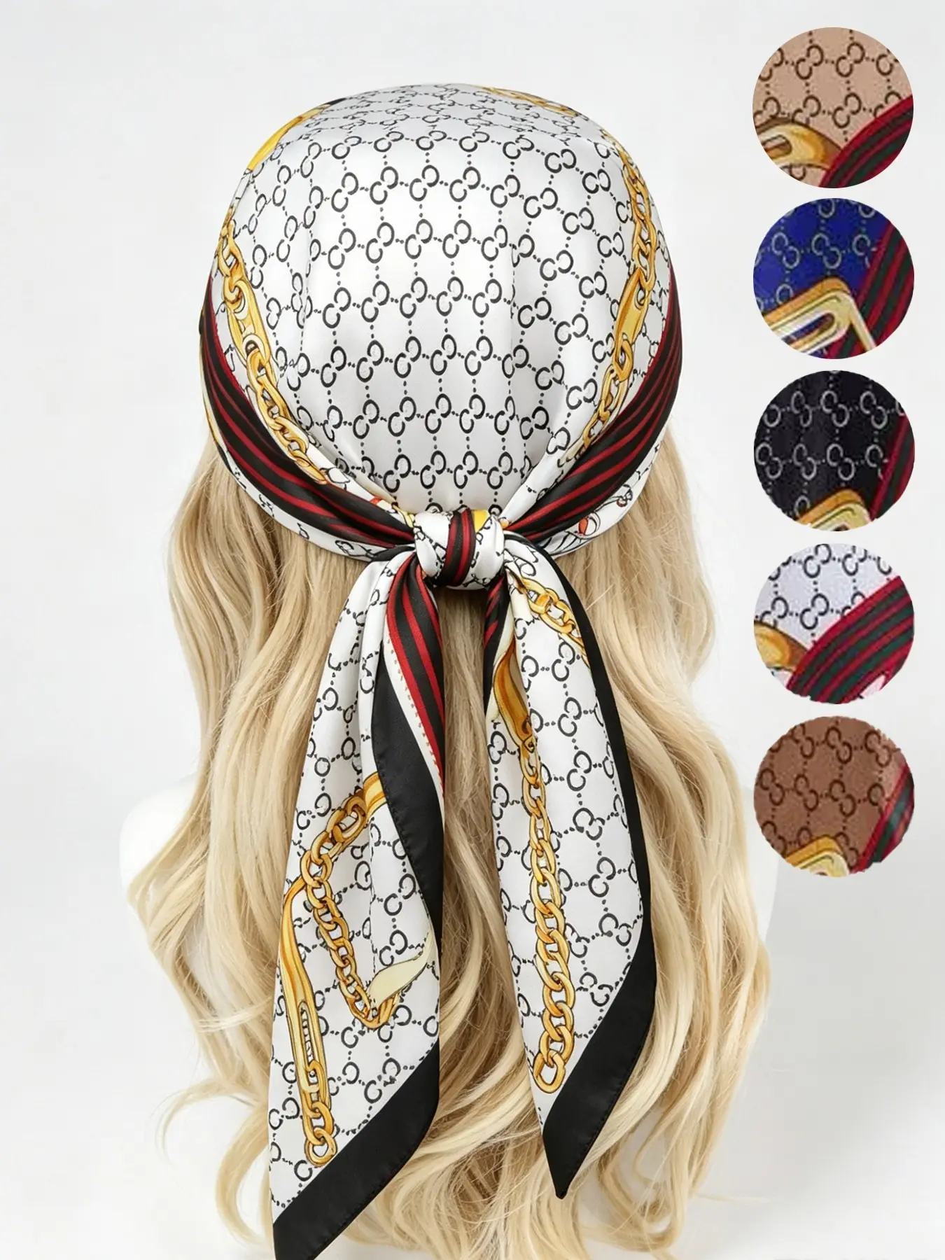 90x90cm Classic Chain Print Silk Scarf, Imitation Silk Satin Large Scarf for Women, Versatile Headscarf Shawl, Five Colors Available