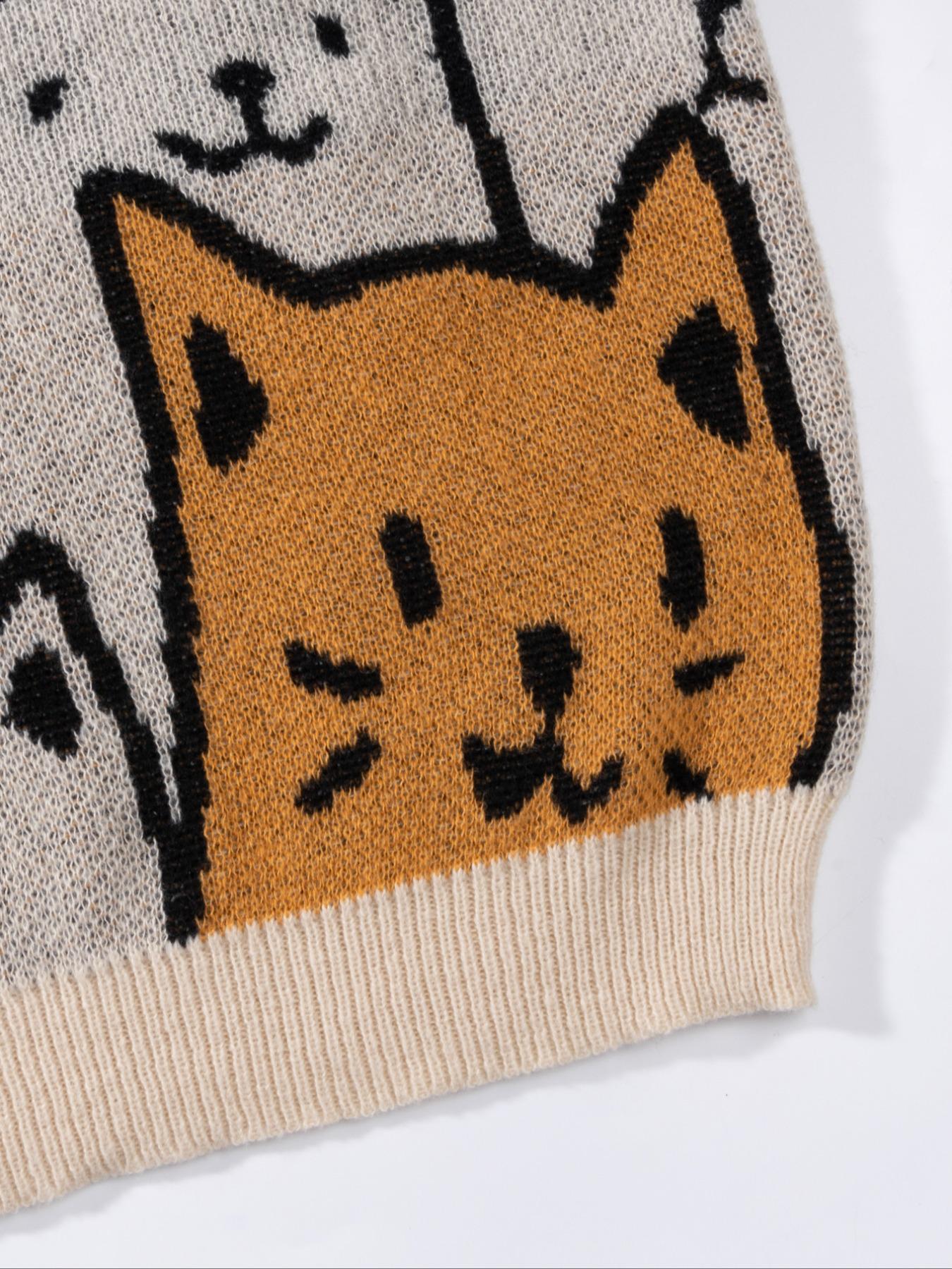 Unisex Men's All Over Cat Print Drop Shoulder Sweater, Cute Casual Long Sleeve Round Neck Jumper for Spring & Fall, Fashion Men's Knitwear for Daily Wear, Casual Comfy Pullover, Menswear