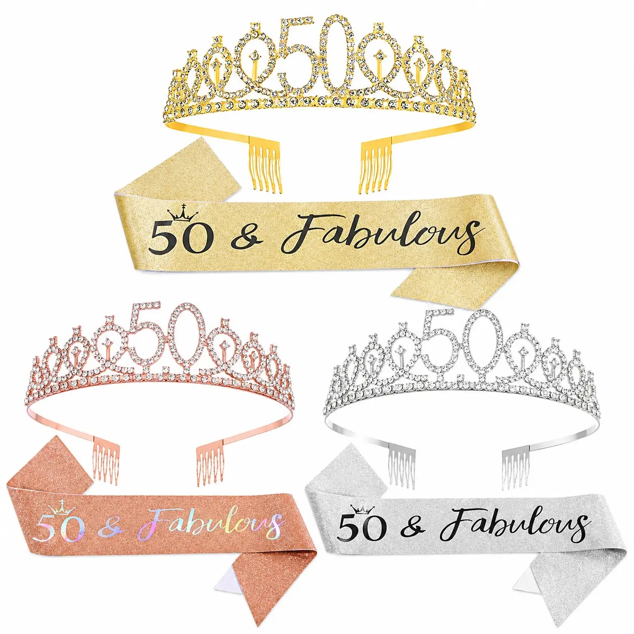 50th Birthday Crown Set, Rhinestone Crown Tiara, Glitter Ribbon with Pearl Pins, Perfect for Women's 50th Birthday Party Decorations