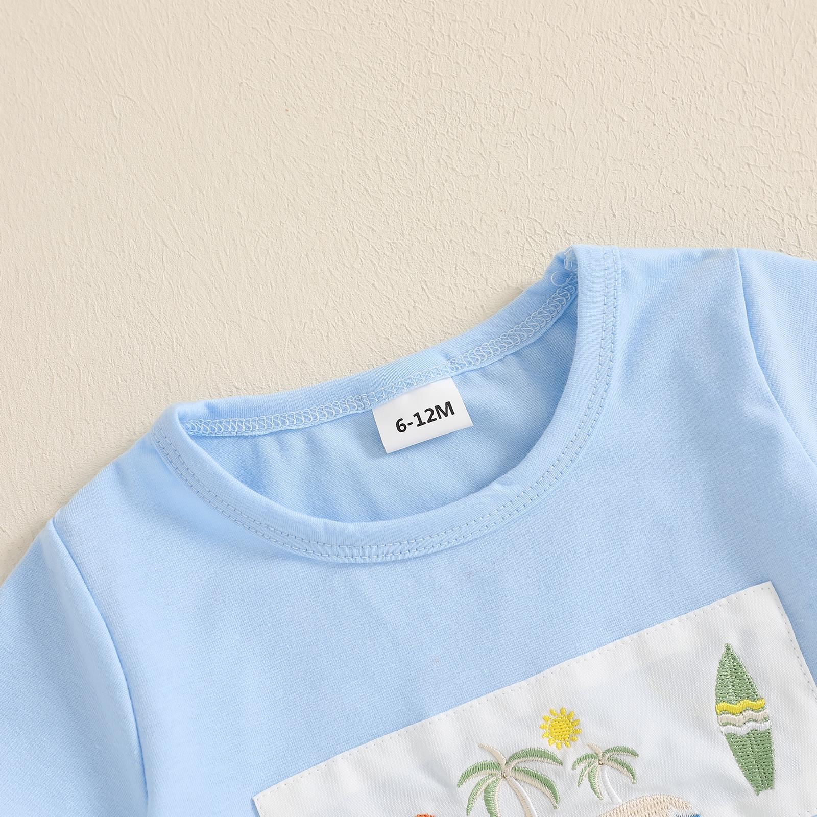 Toddler Baby Boy Summer Outfit Animal Embroidery Round Neck Short Sleeve Top Stripe Shorts Casual 2pcs Set Summer Clothes