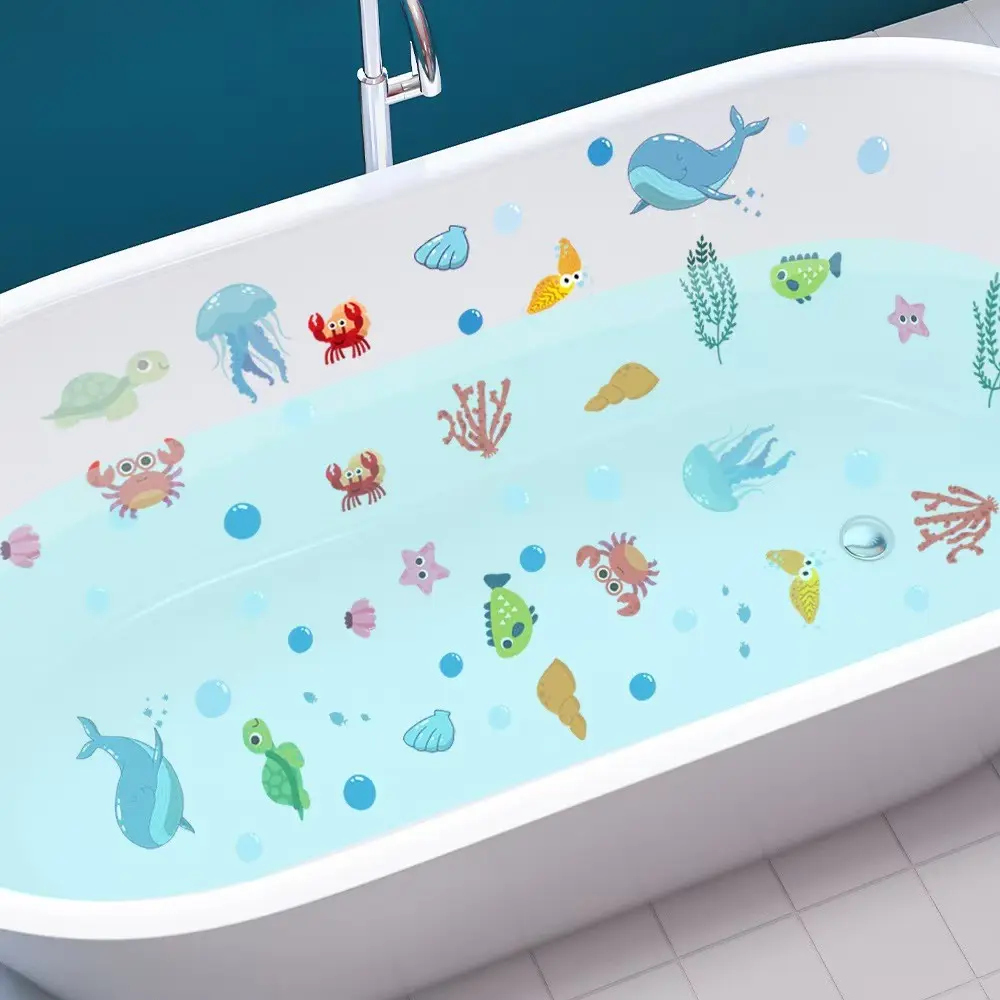 Set of 6 Underwater Whale Jellyfish Bathroom Stickers, Cute Cartoon Style, Vibrant, Toilet Decor, Bathtub Appliques, Home Wall Decals