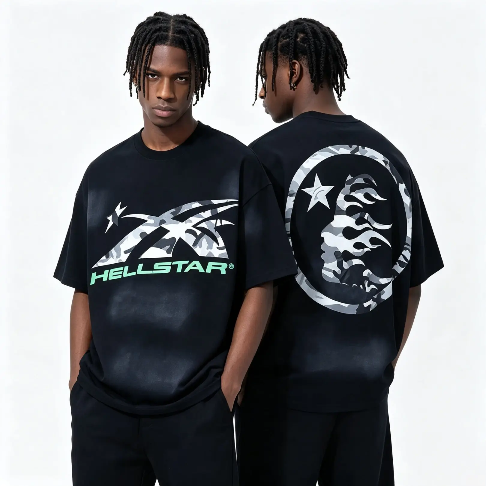 HELLSTAR World Revolution Tour Graphic T-Shirt Washed Black Acid Wash Oversized Vintage Streetwear Rap Hip Hop Tee Moon Camo Print Short Sleeve Cotton Unisex