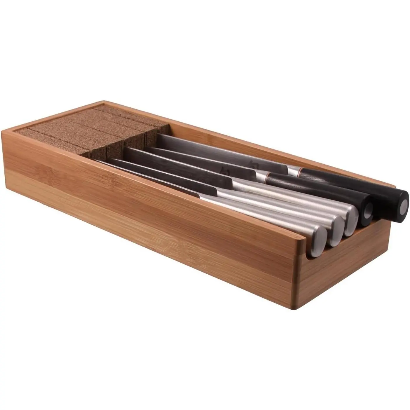 Bamboo Knife Organizer for Kitchen Drawers – 15” In-Drawer Knife Block with Cork Composite – Space-Saving, Safe Storage for Your Knives