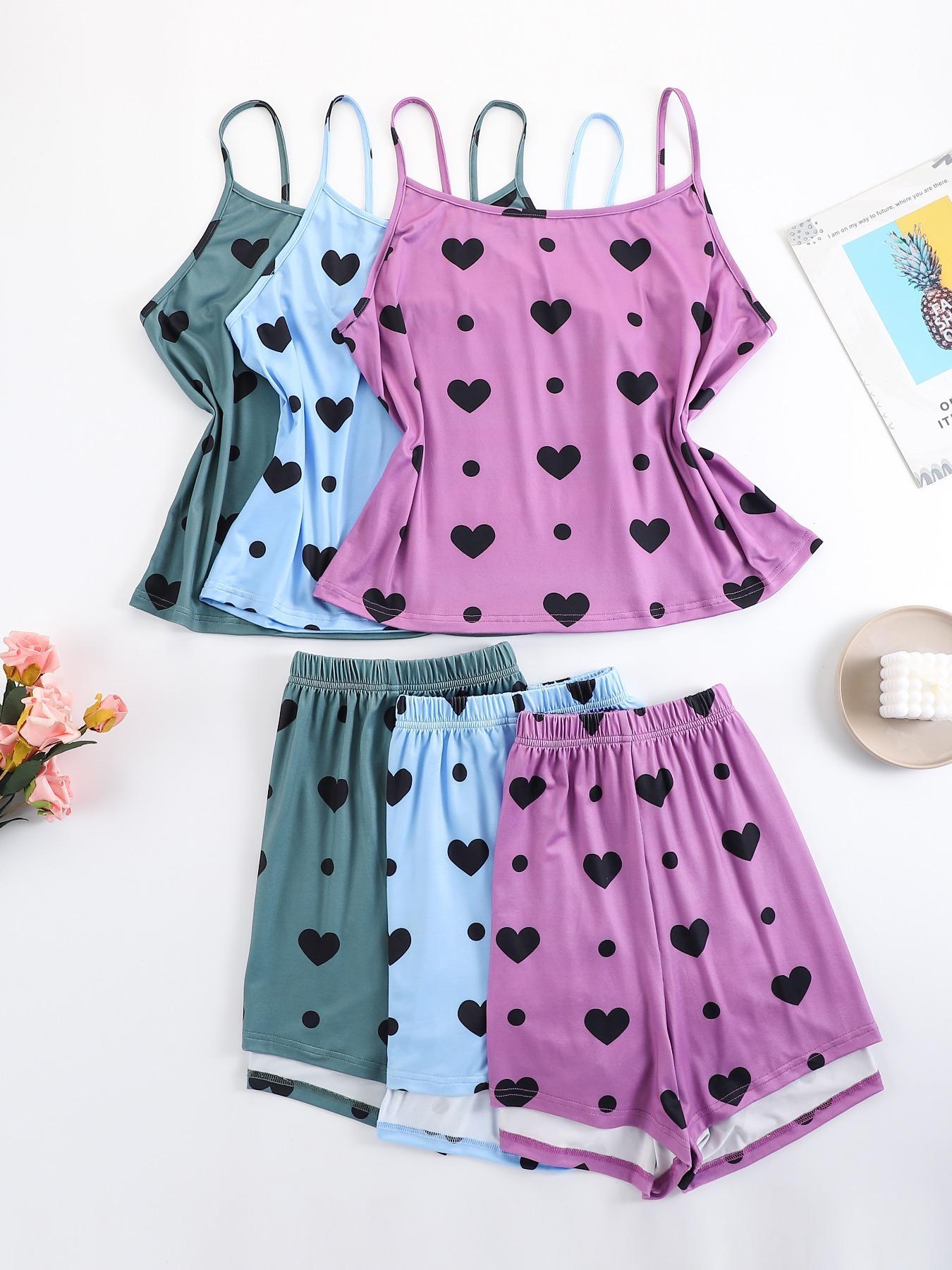 Plus Size Heart Print Elastic Waist Pyjama Set, Casual Sleeveless Spaghetti Strap Cami Top & Shorts PJ Set, Women's Sleepwear for All Seasons