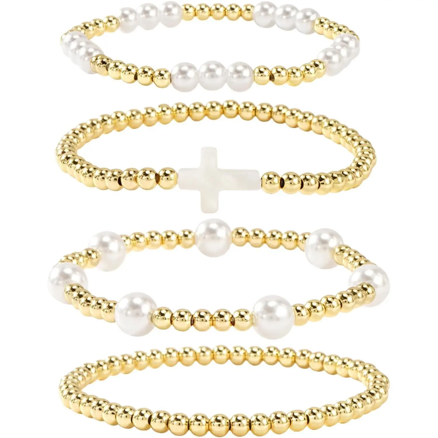14K Gold Pearl Beaded Cross Bracelets Stack Set for Women,Stretch Boho Colorful Christian Beads Ball Jewelry Trendy Gift