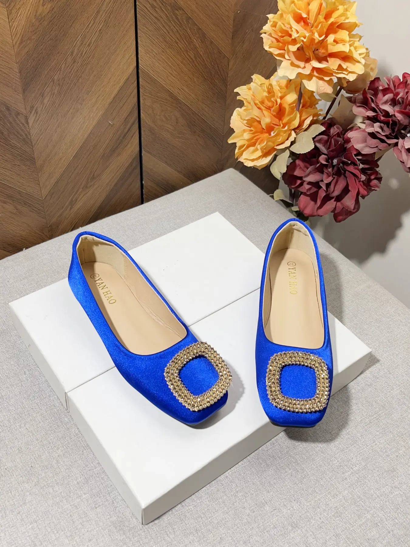 Women's Blue Satin Square Toe Shoes, Rhinestones, Comfortable Soft Sole, Versatile for Office, Shopping, Parties