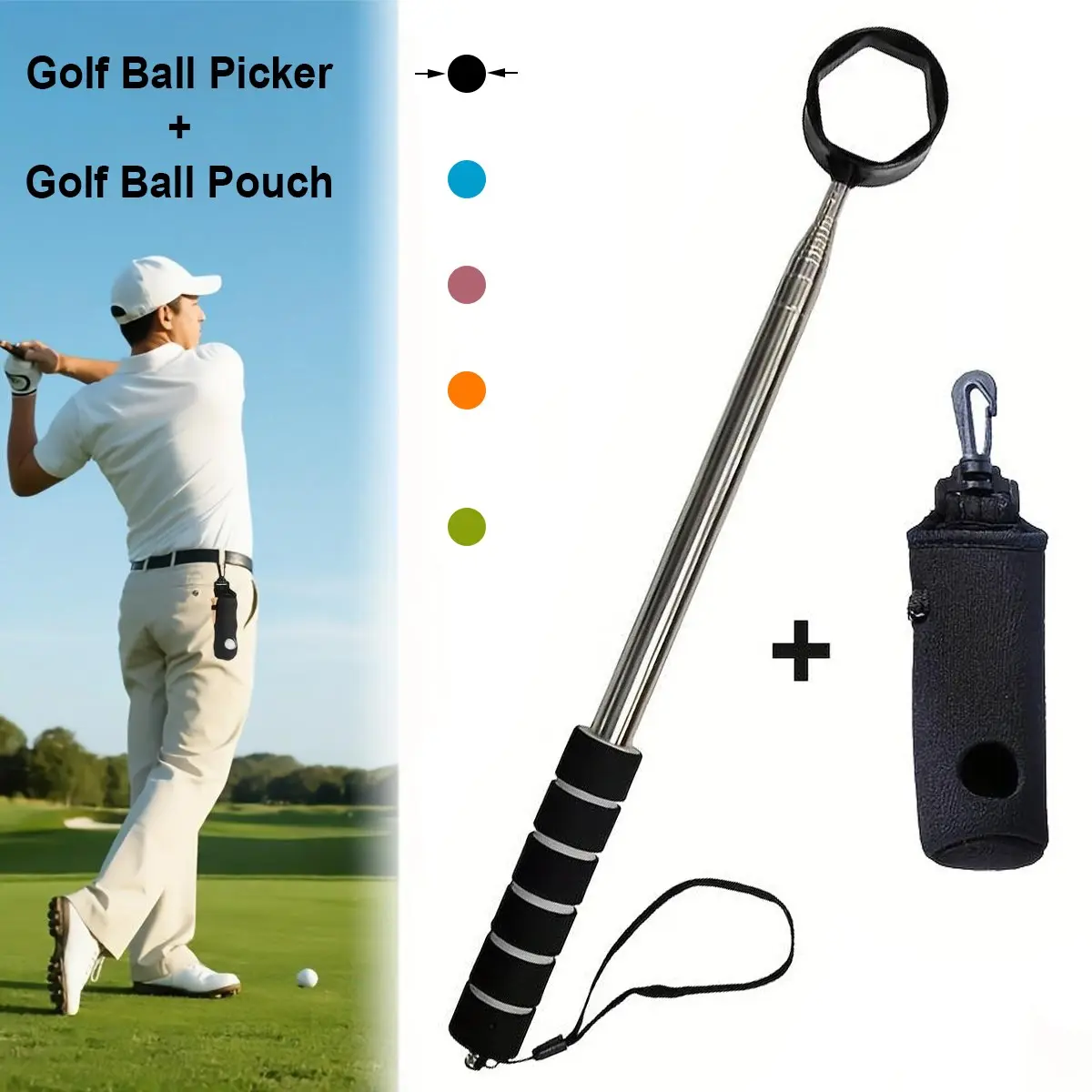 1 Set Retractable Golf Ball Picker and Golf Ball Pouch Set, 9 Ft Golf Ball Retriever & Golf Ball Storage Bag with Golf Tee Holder Design, Golf Ball Retrieval Tool, Golf Ball Grabbe, Golf Accessories, Ideal Gift for Golf Lover