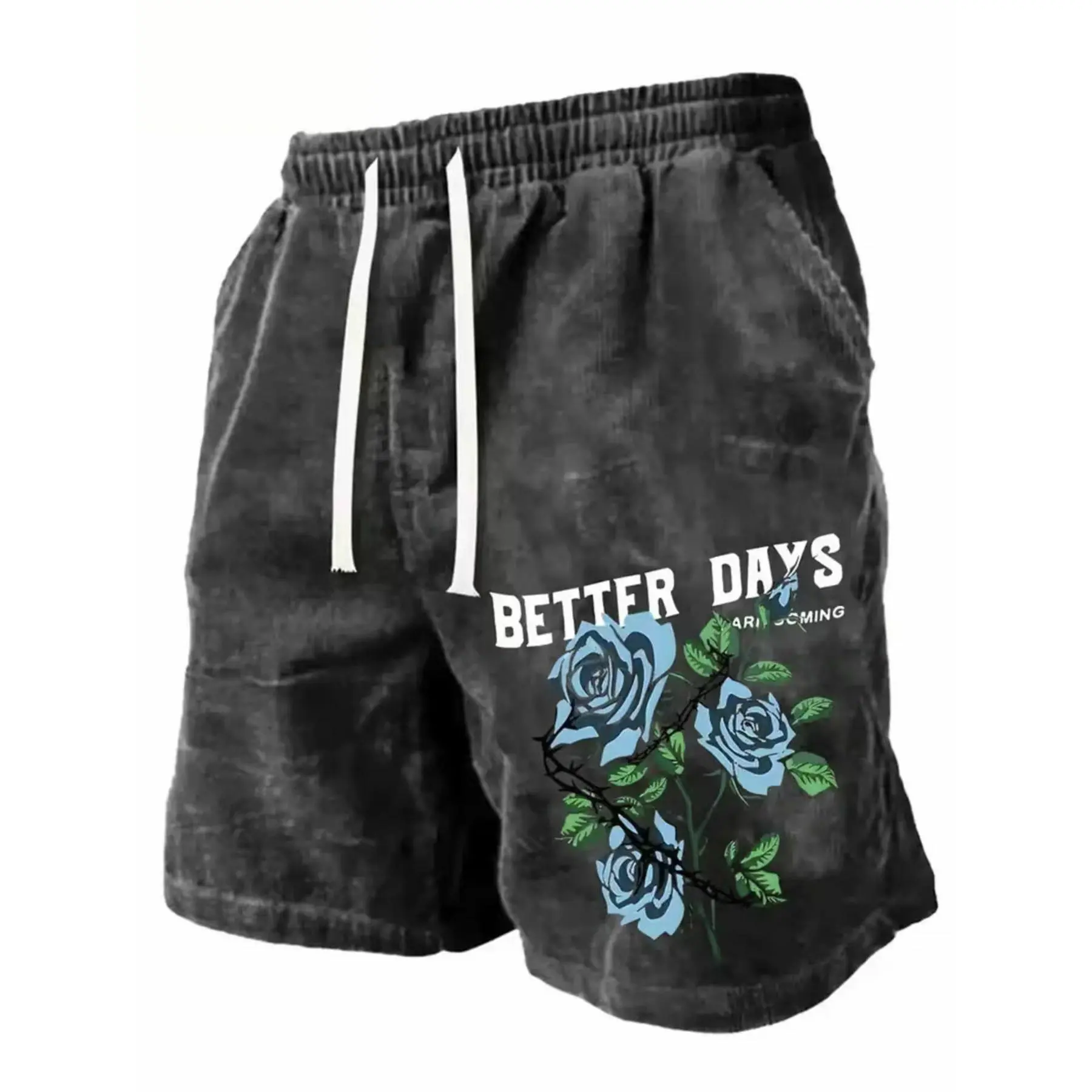 260G Washed, Rose in Call Printed Shorts, High-Quality Batik Men's Shorts, Suitable for Daily Wear, Adjustable Drawstring Waist, Elastic Belt And Pocket, Holiday Gifts, Men's Wear