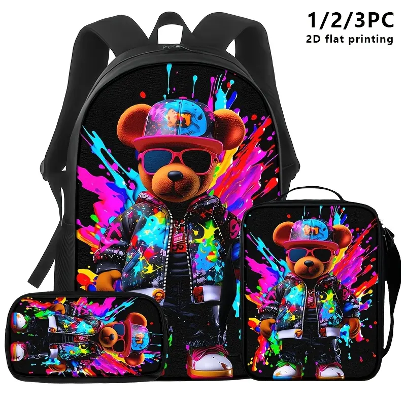 Available as 1-piece, 2-piece, or 3-piece sets—comprising a backpack, lunch bag, and pencil case—these items feature a trendy, graffiti-style cartoon bear design. With their vibrant colors and dynamic look, they are perfect for the fashion-conscious young