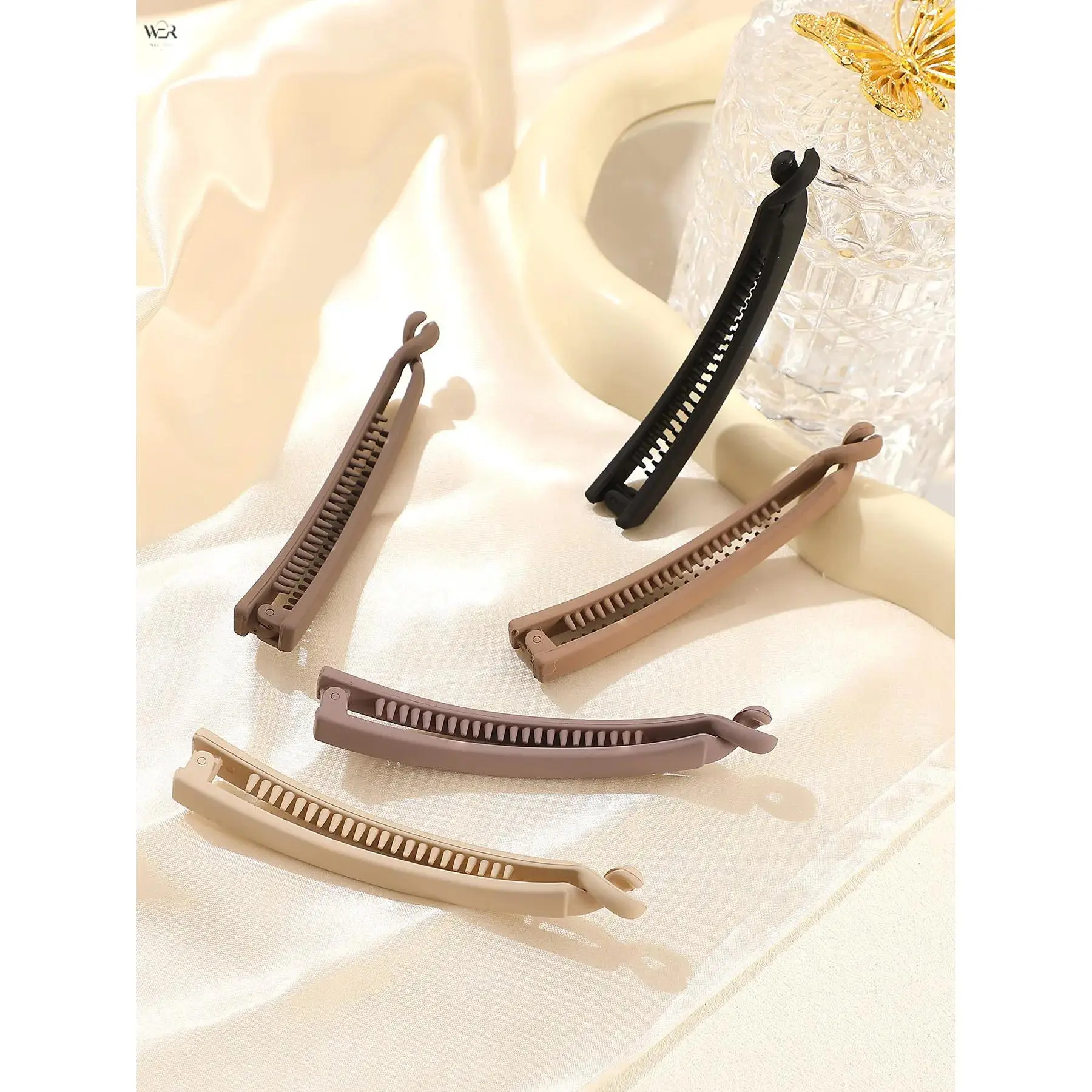 11cm Matte Neutral Banana Hair Clips 5 Earth Tone Colors 1cm Width 18g Non-slip Teeth Curved Vertical Barrette Daily Thick Hair Styling Minimalist Solid Color Casual Women Hair Accessory Set