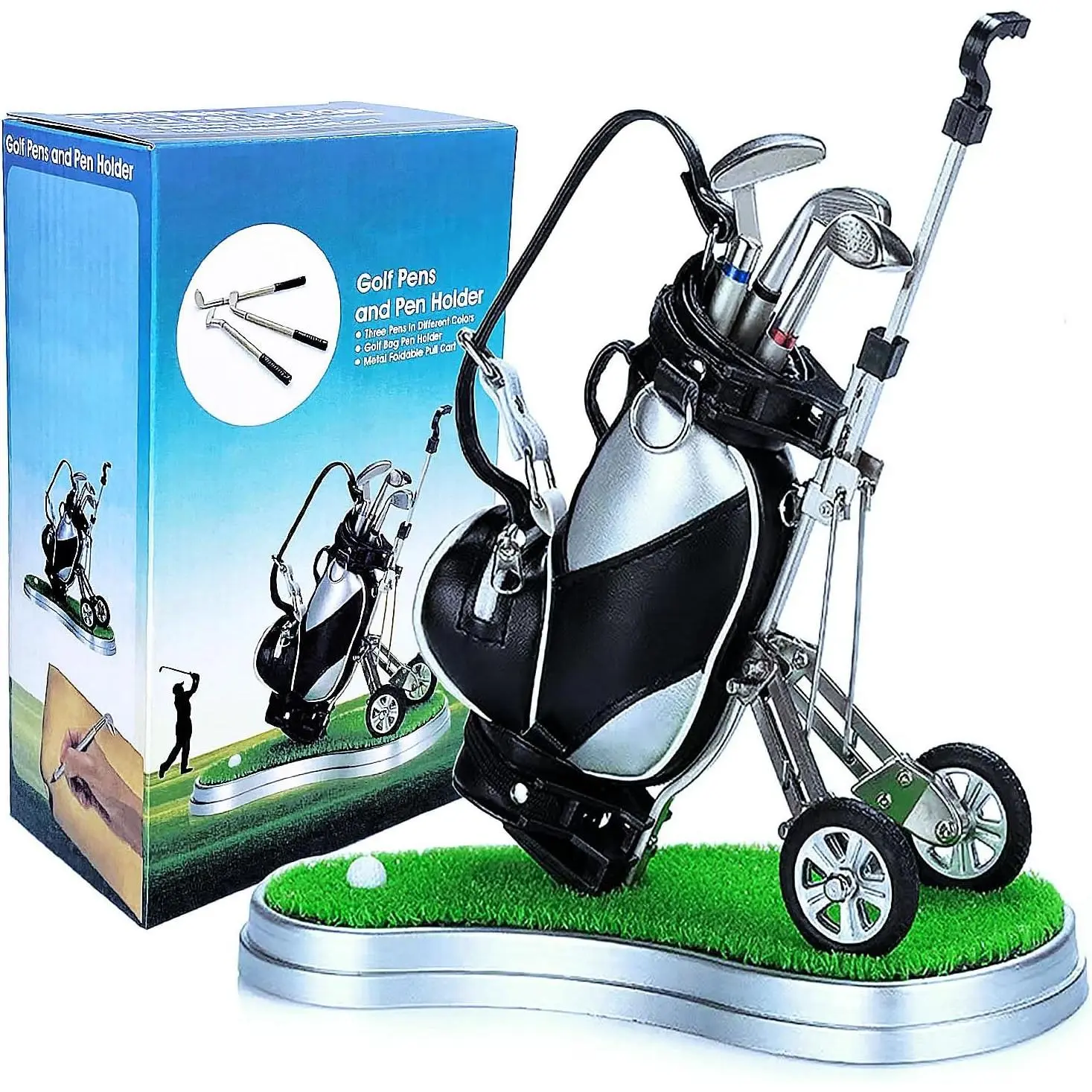Golf Pen Holder with 3 Club Pens and Movable Golf Cart, Mini Golf Bag Desk Decor for Office, Funny Golf Gifts for Men, Dad,  - Stocking Stuffers for Golfers  Birthday, Christmas, Fathers Day