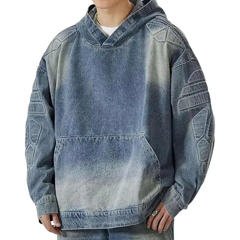 Men's Vintage Denim Tear Hoodie - Distressed Oversized Pullover Hooded Jean Jacket Sweatshirt Tops