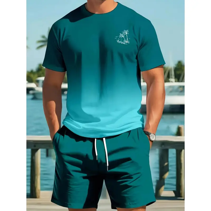 Men's 2pcs Summer Matching Short Sleeve T-Shirt Board Shorts Set Round Neck Beachwear for Surfing Swimming Casual Outfits Machine Washable