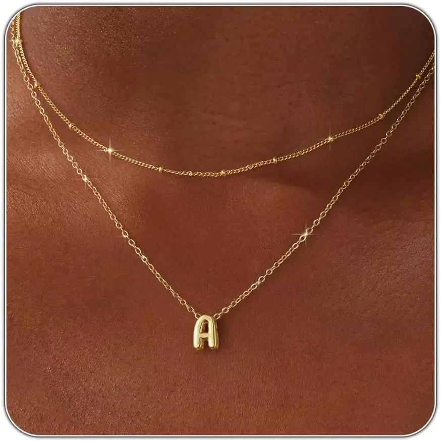 Thaivor Initial Necklaces for Women 14K Gold Plated Bubble Letter Necklace Layered Dainty Cute Choker Pendant Stack Jewelry Fashion Accessories Teen Trendy Gift