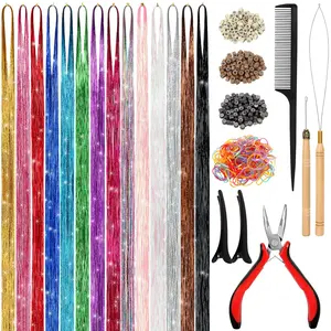 (48 Inch,14 Colors, 3500 strands) Hair Tinsel Kit Hair Extensions with Tools, Heat Resistant Fairy Hair Tinsel Kit for Women Hair Accessories