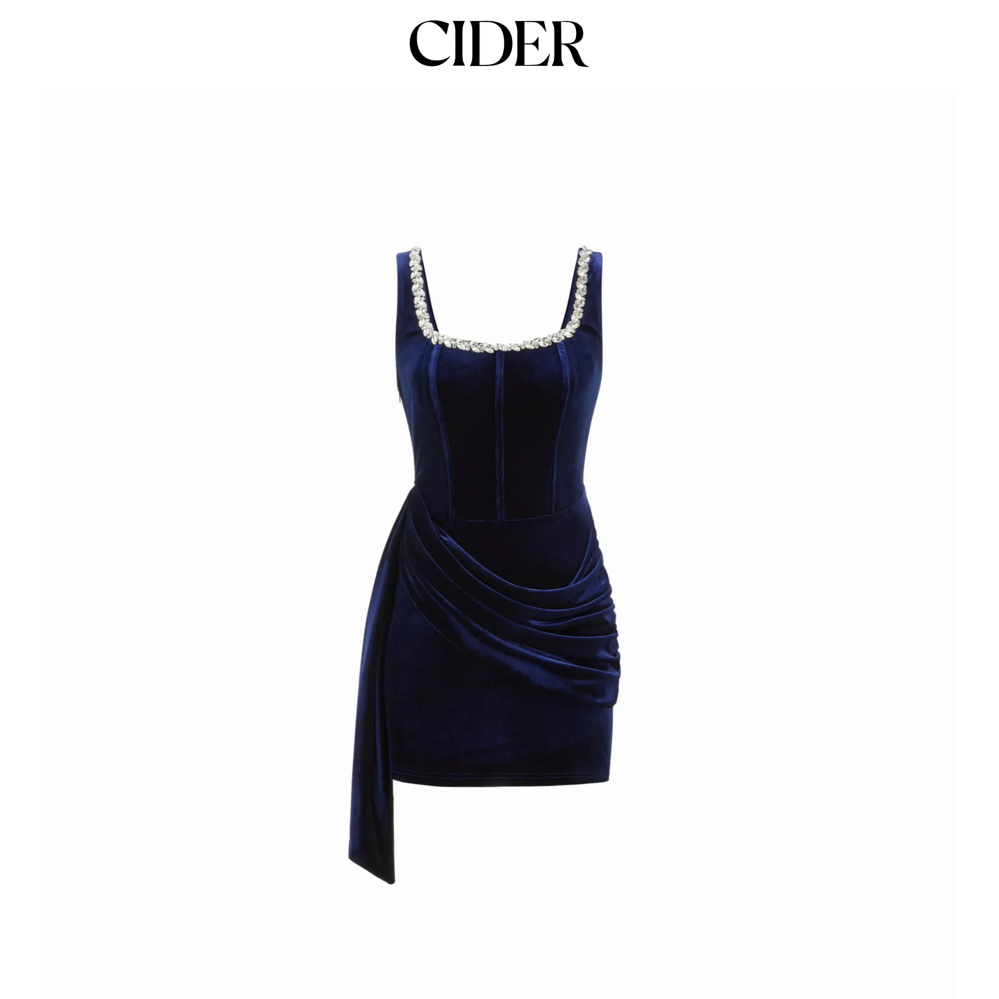 Cider Velvet U-neckline Rhinestone Draped Ruched Corset Mini Dress