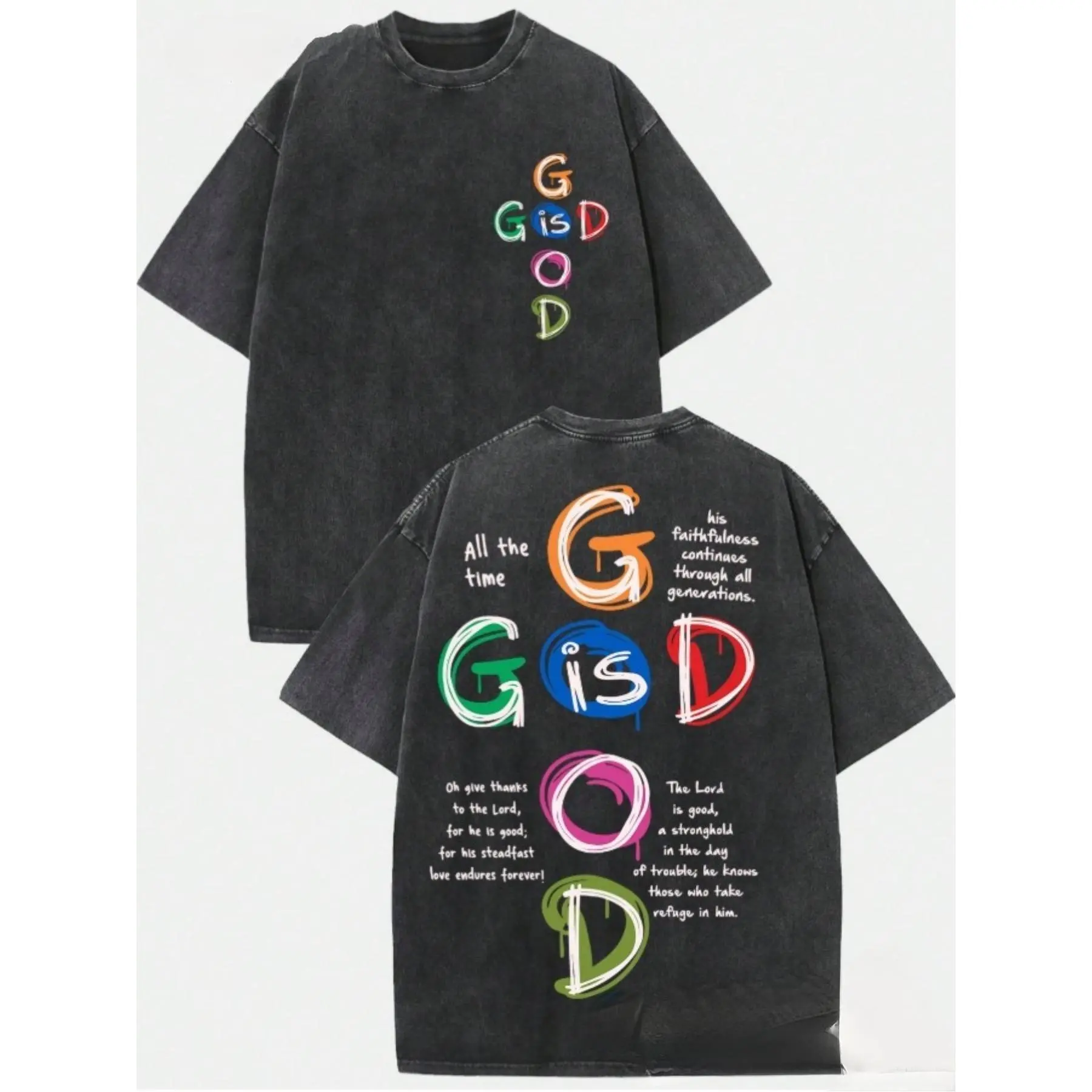 GOD IS GOOD Faith Power Printed Short Sleeve, Comfortable & Stylish Washed Pure Cotton T-Shirt, Trendy Oversized Cut, Colorful Letter Graphics, Christian Themed Apparel Decorated with Spiritual Text, Unisex Casual Top Blending Fashion and Faith, Crafted f