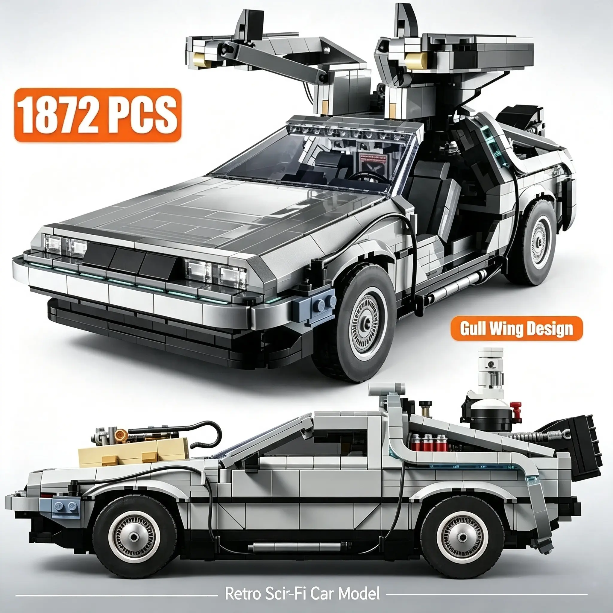 1872PCS retro gull wing sports car building blocks, retro sci-fi vehicle bricks, technology interlocking building blocks, DIY technology building collection building model toys for teenagers and adults, Christmas and birthday gift set, Model Building Kits