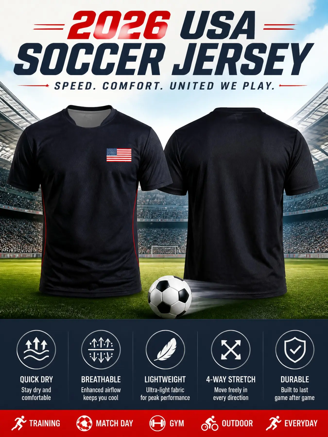2026 Us Soccer Jersey, Base Side Panel, Quick-Dry, Usa Flag Pattern, Breathable Mesh, Four-Way Stretch, Lightweight, Sporty Style