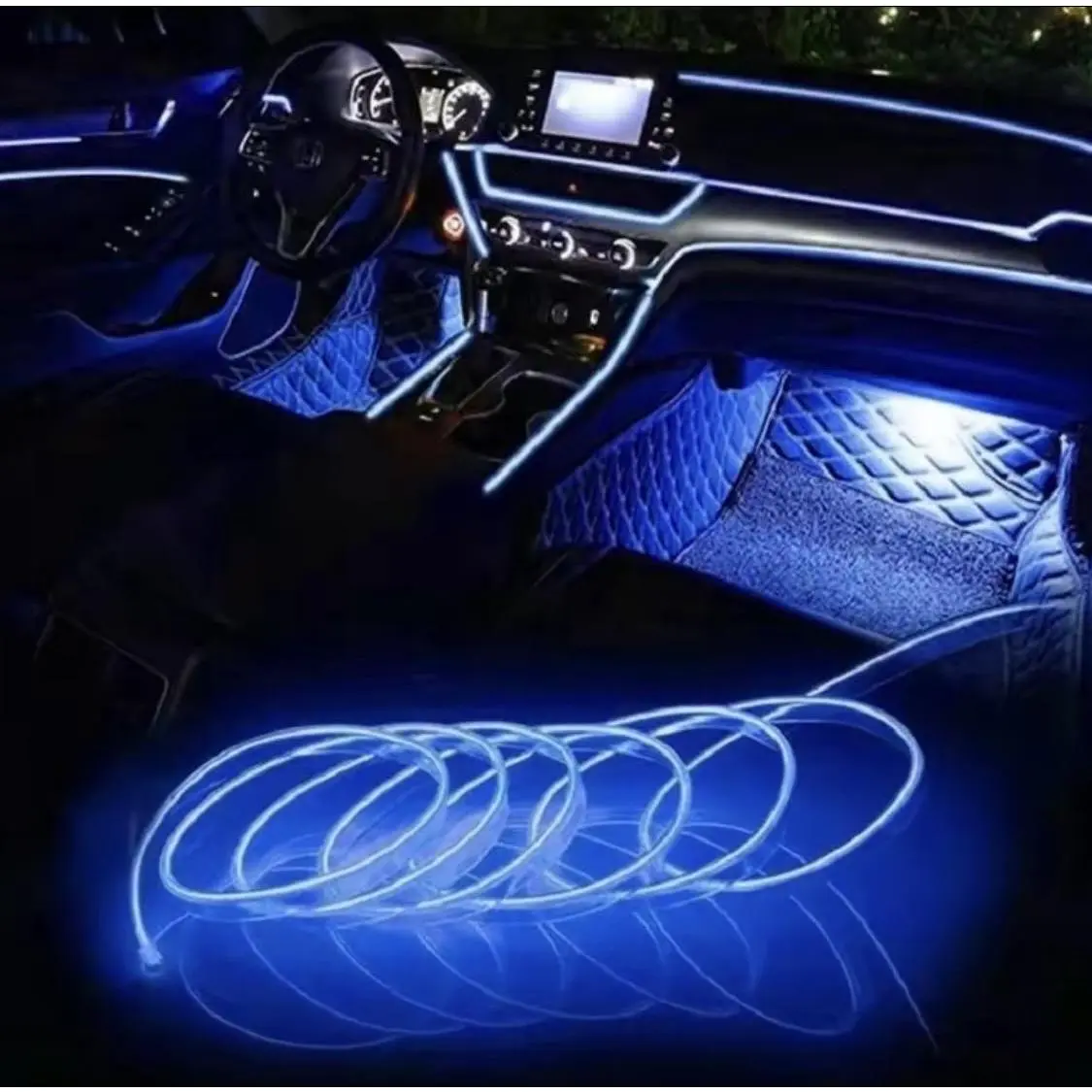 Automotive ambient lighting, intelligent interior lights with app control, dashboard with remote music synchronization app control, RGB color change, DlY mode, and multi scene ambient lighting with LED lights with charger