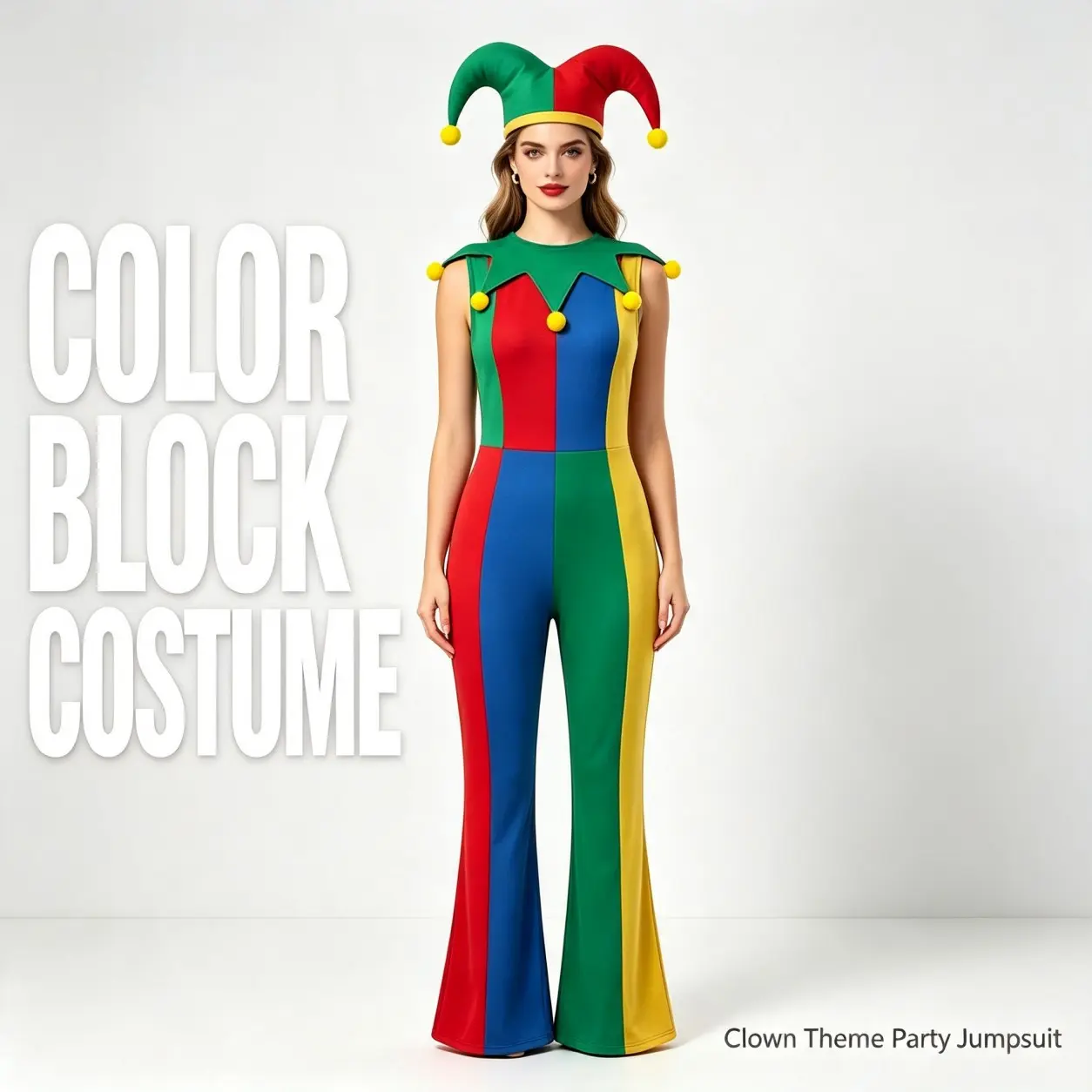 Women's Slim Color Block Sleeveless Jester Jumpsuit with Smooth Fabric, Carnival Halloween Harlequin Clown Cosplay Costume & Matching Accessories, Fluffy