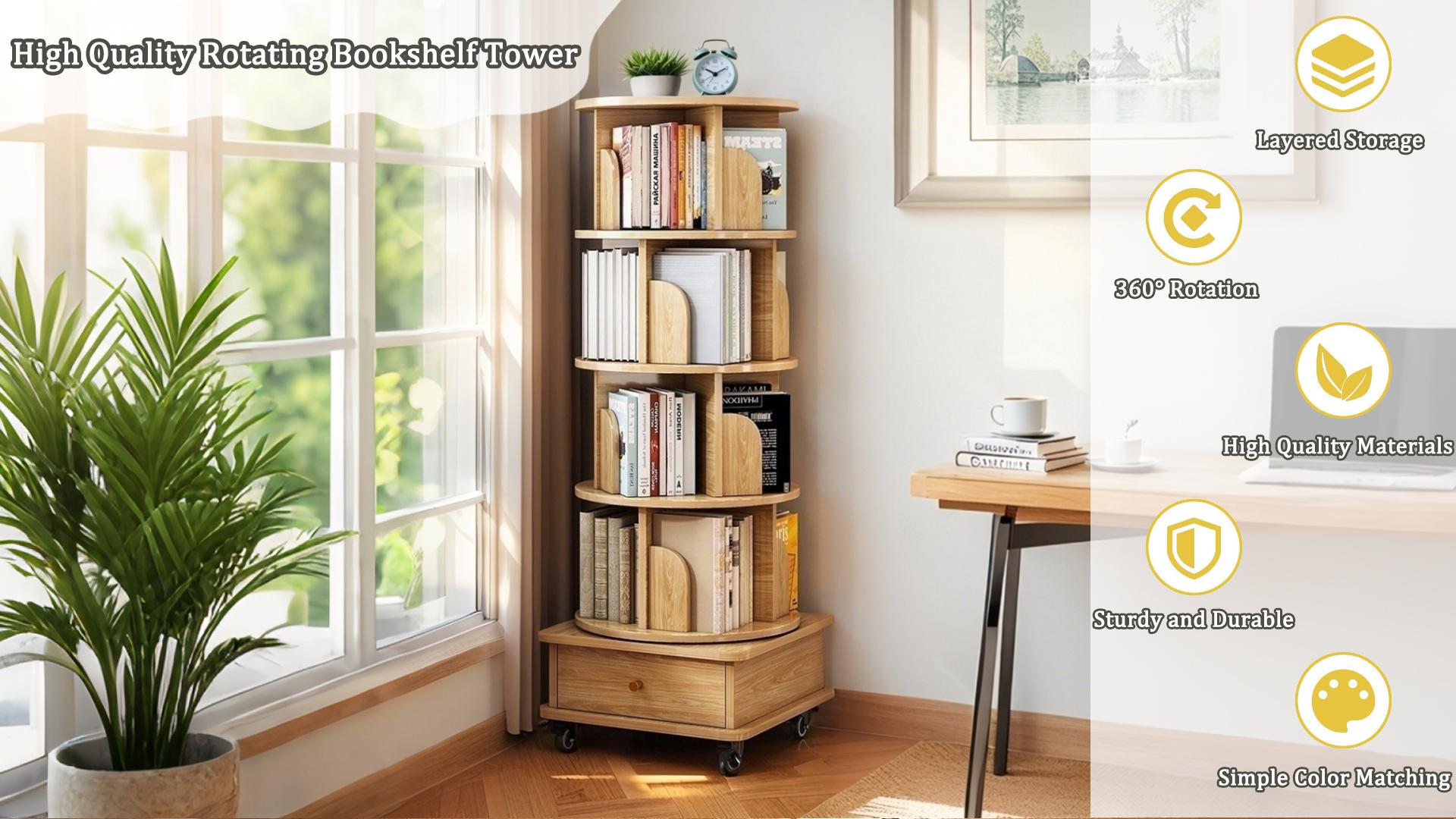 5 Tier Rotating Bookshelf, 360° Display Round Spinning Bookshelf with Wheels, Space-Saving, Small Space Rotating Bookshelf Tower for Bedroom, Living Room, Home, Office